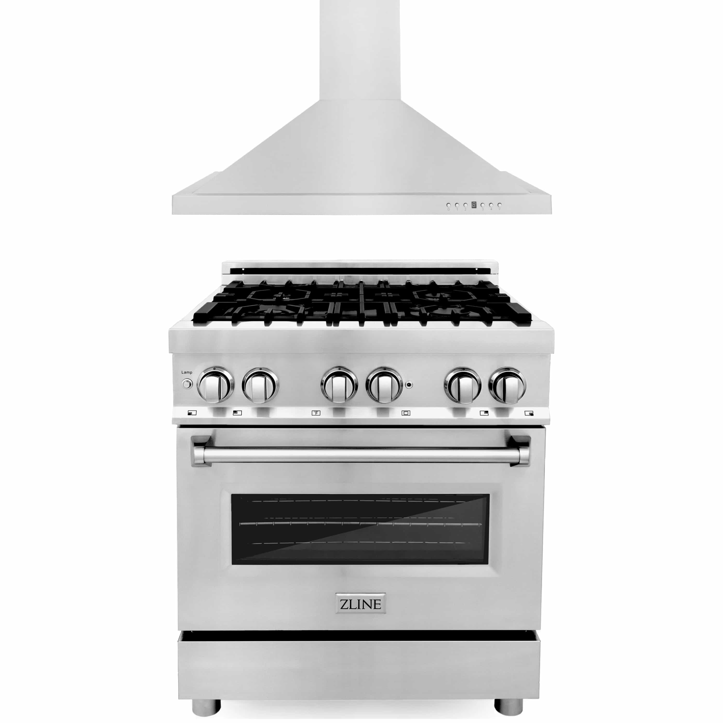 Stainless steel dual fuel range with black grates and wall hood above