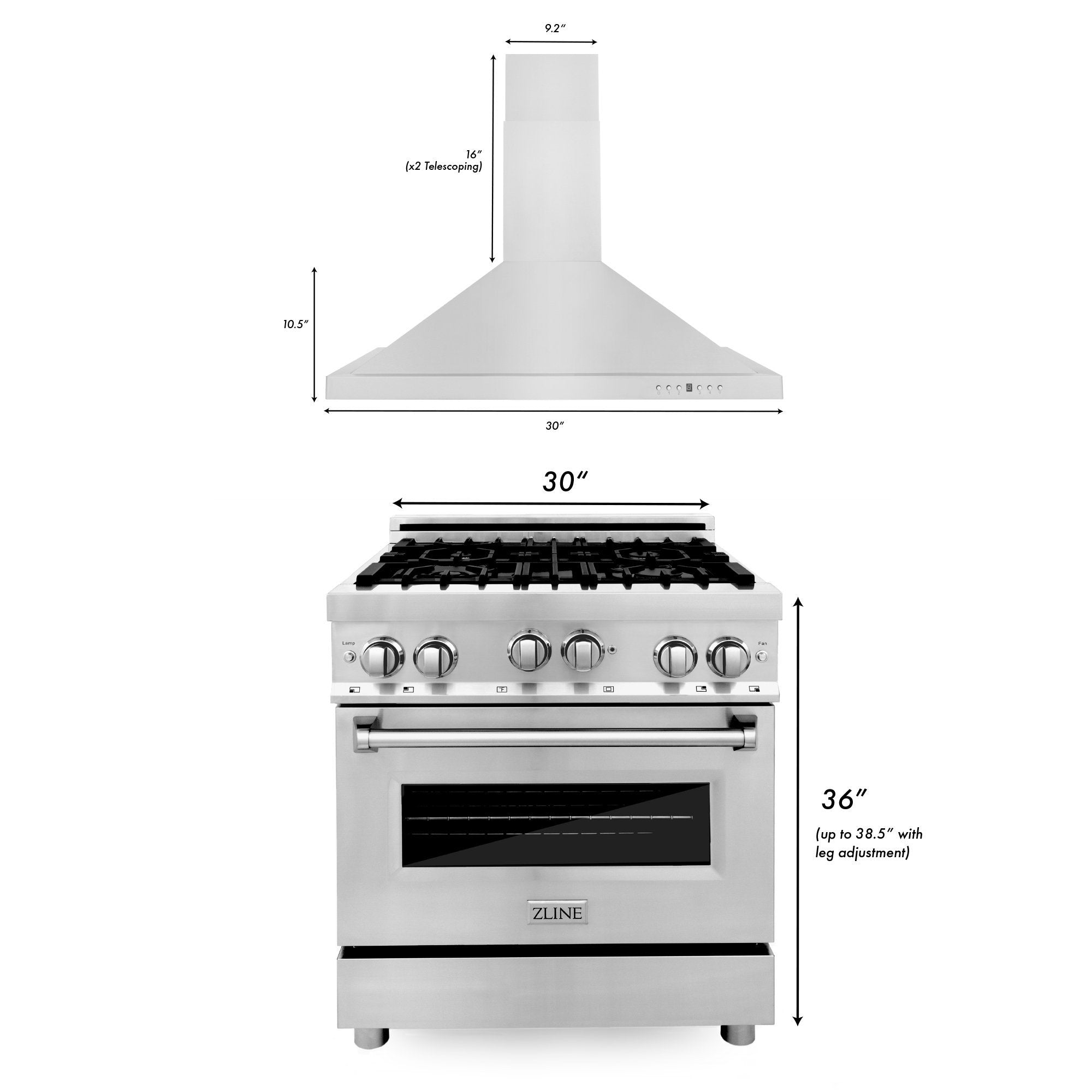 Stainless steel dual fuel range and wall-mount range hood set, front view