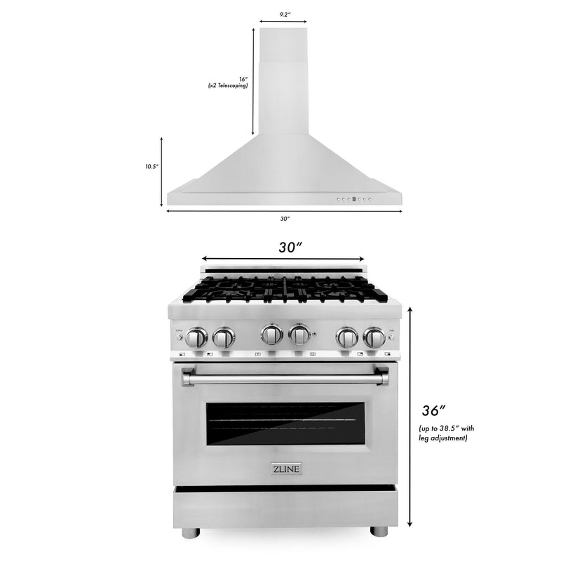 ZLINE 2-Piece Appliance Package - 30-inch Dual Fuel Range and Convertible Wall Mount Range Hood in Stainless Steel (2KP-RARH30) Appliance Package ZLINE 
