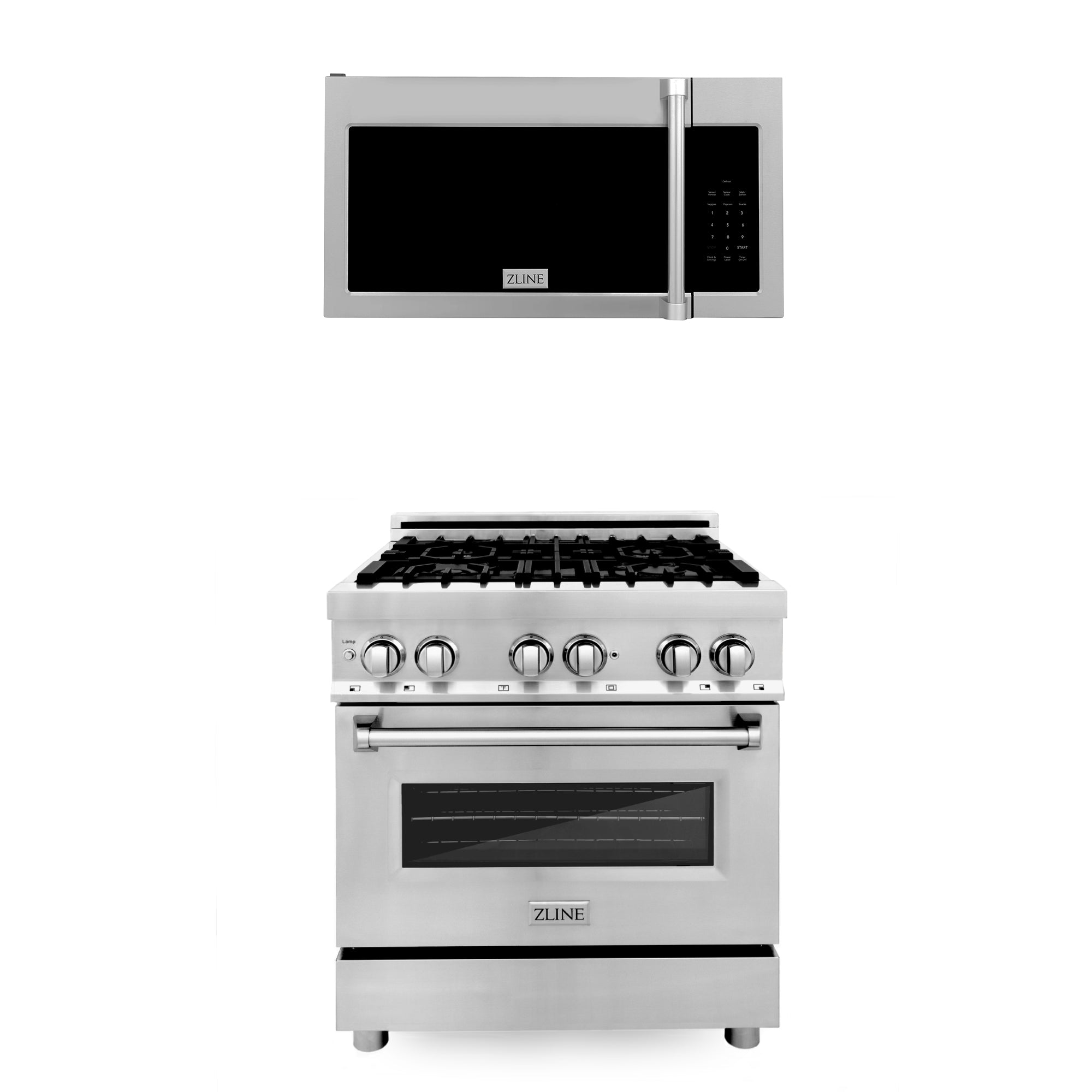 Stainless steel range and over-the-range microwave combo with black glass doors
