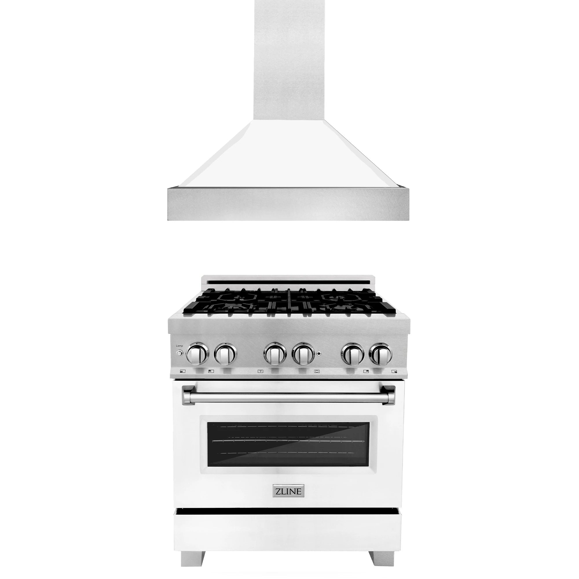 ZLINE dual fuel range with satin stainless hood and white oven body