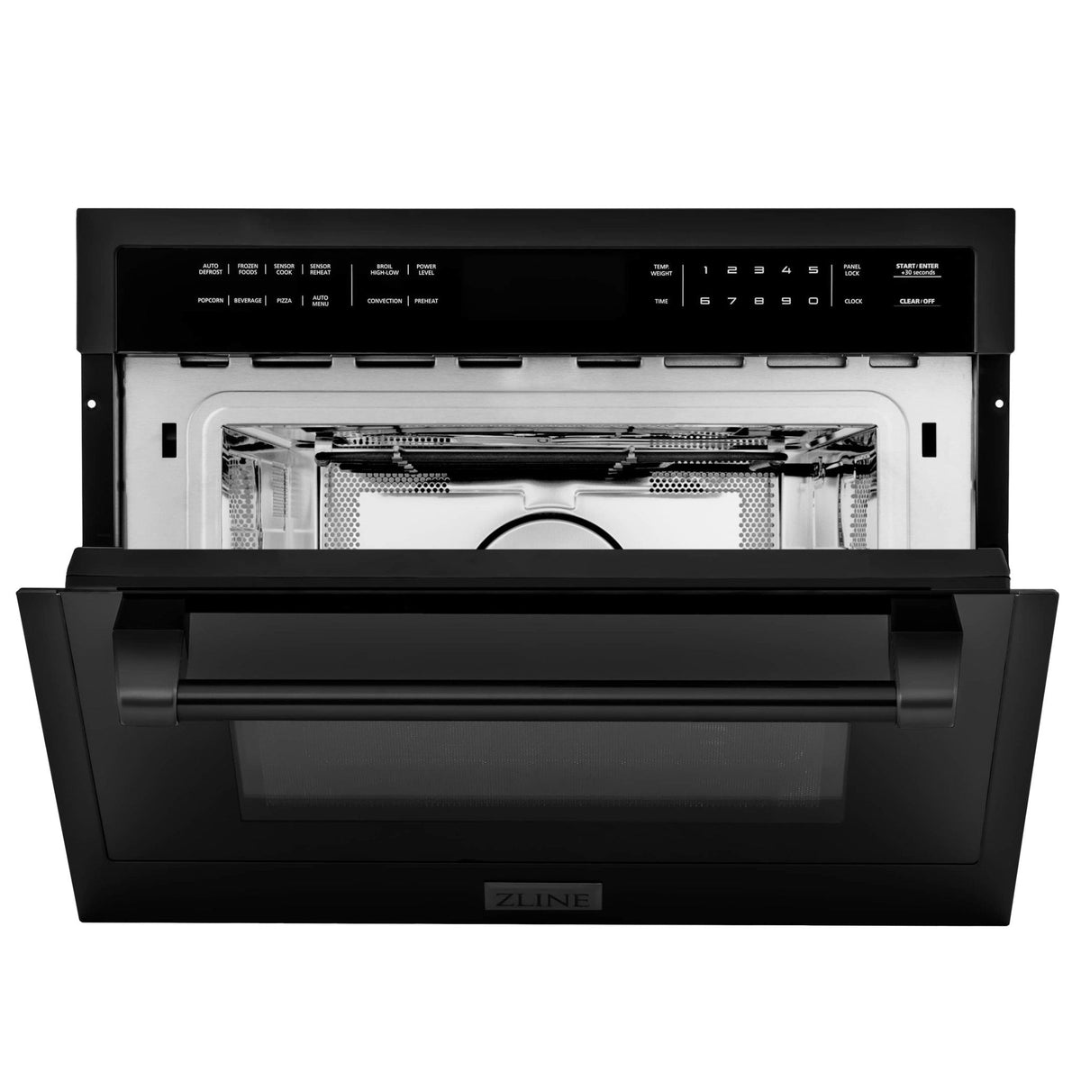 Black electric wall oven with door open, interior racks and heating element