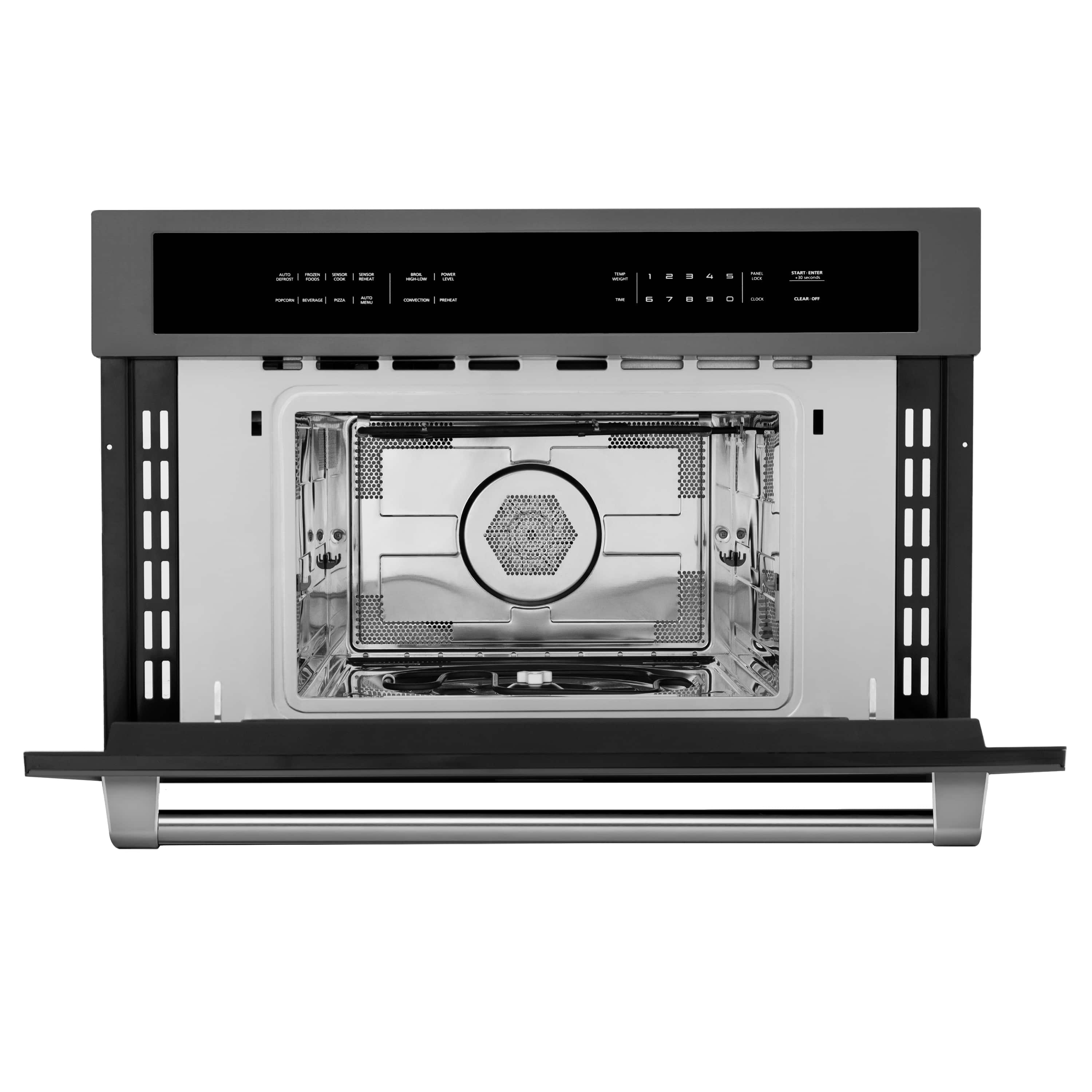 Electric wall oven with open door and visible interior fan and rack supports.