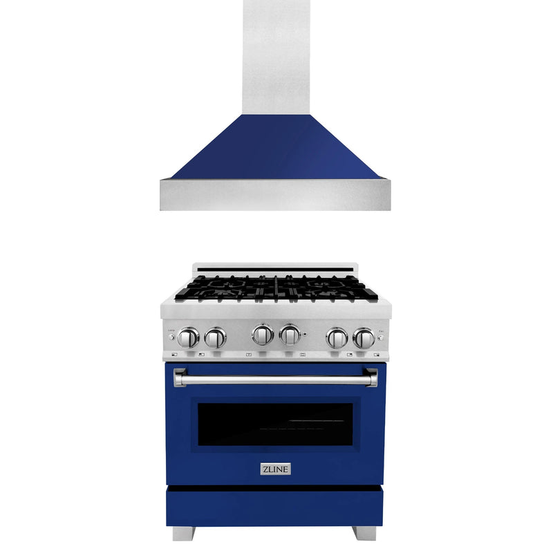 ZLINE 2-Piece Appliance Package - 30-inch Gas Range With Blue Gloss Door & Blue Gloss Range Hood in DuraSnow Stainless Steel (2KP-RGSBGRH30) Appliance Package ZLINE 