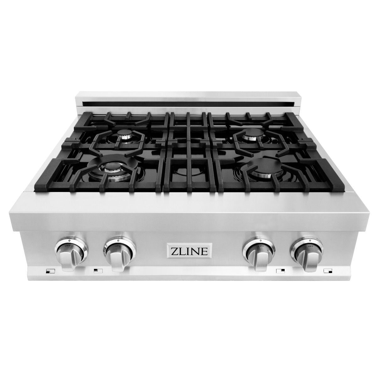 30-inch gas rangetop with four burners, black grates, and control knobs