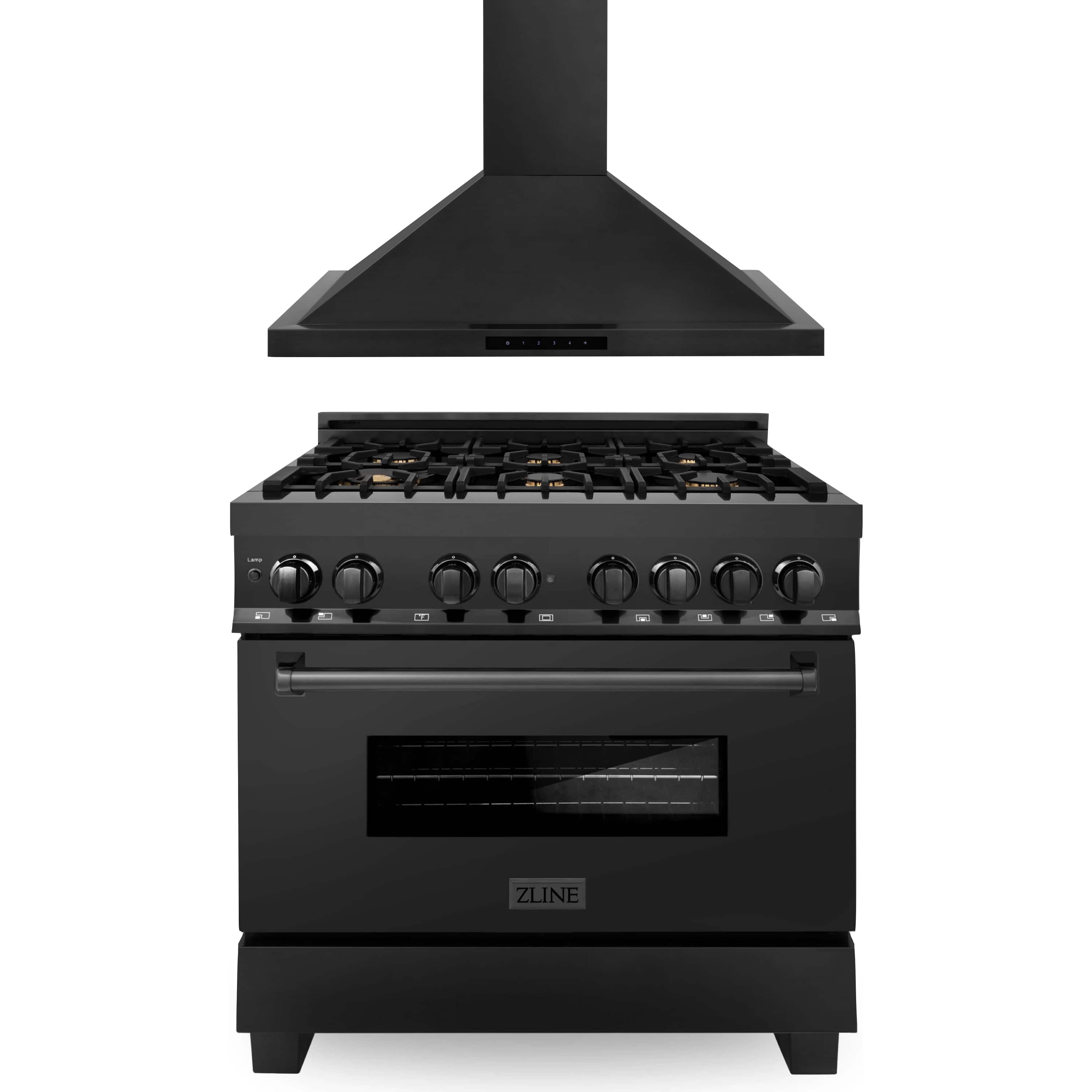 Black dual fuel range with wall mount hood, brass burners, and oven door