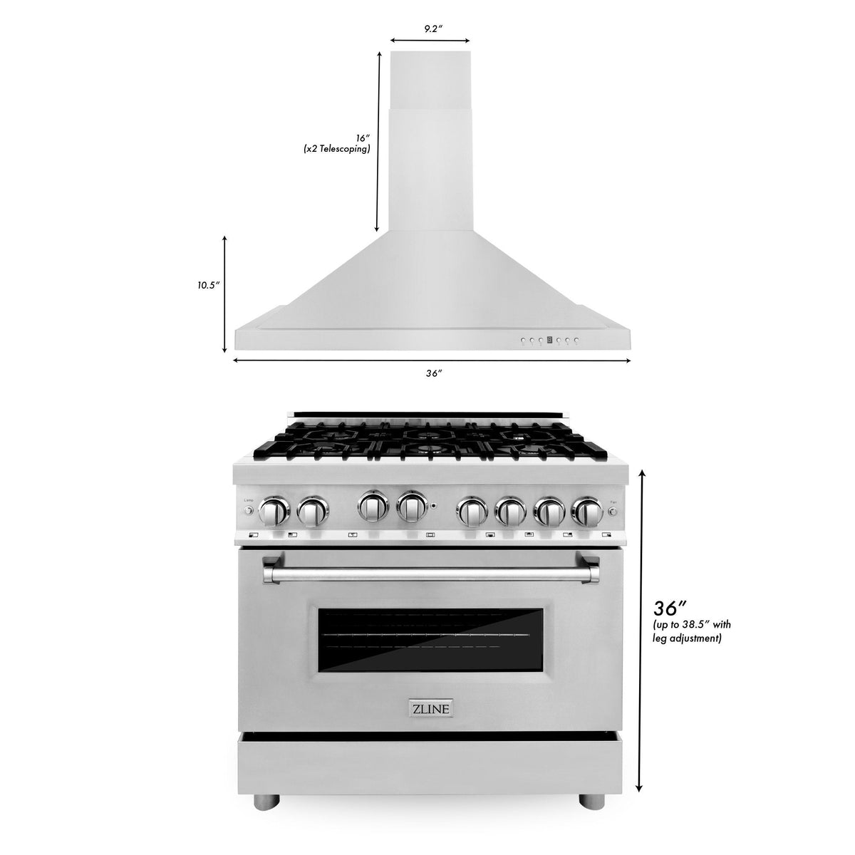 Stainless 36-inch dual fuel range with telescoping chimney hood, front burner and oven door
