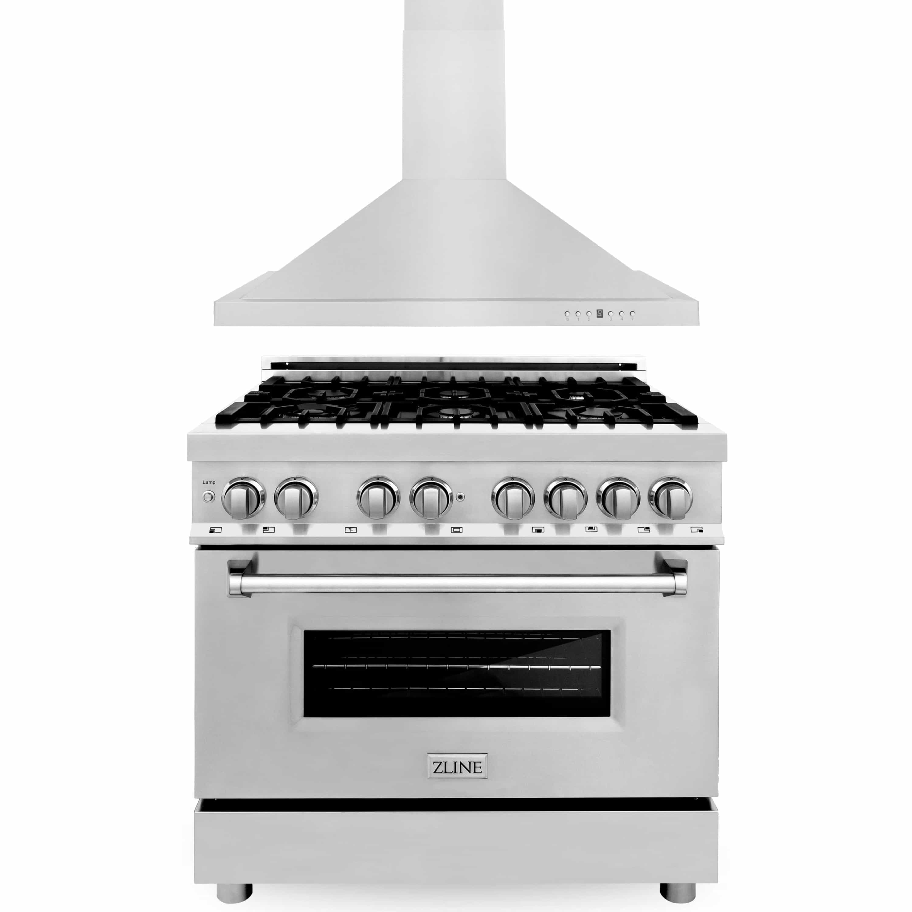 Stainless dual fuel range with chimney hood, black cooktop grates, and viewing oven window