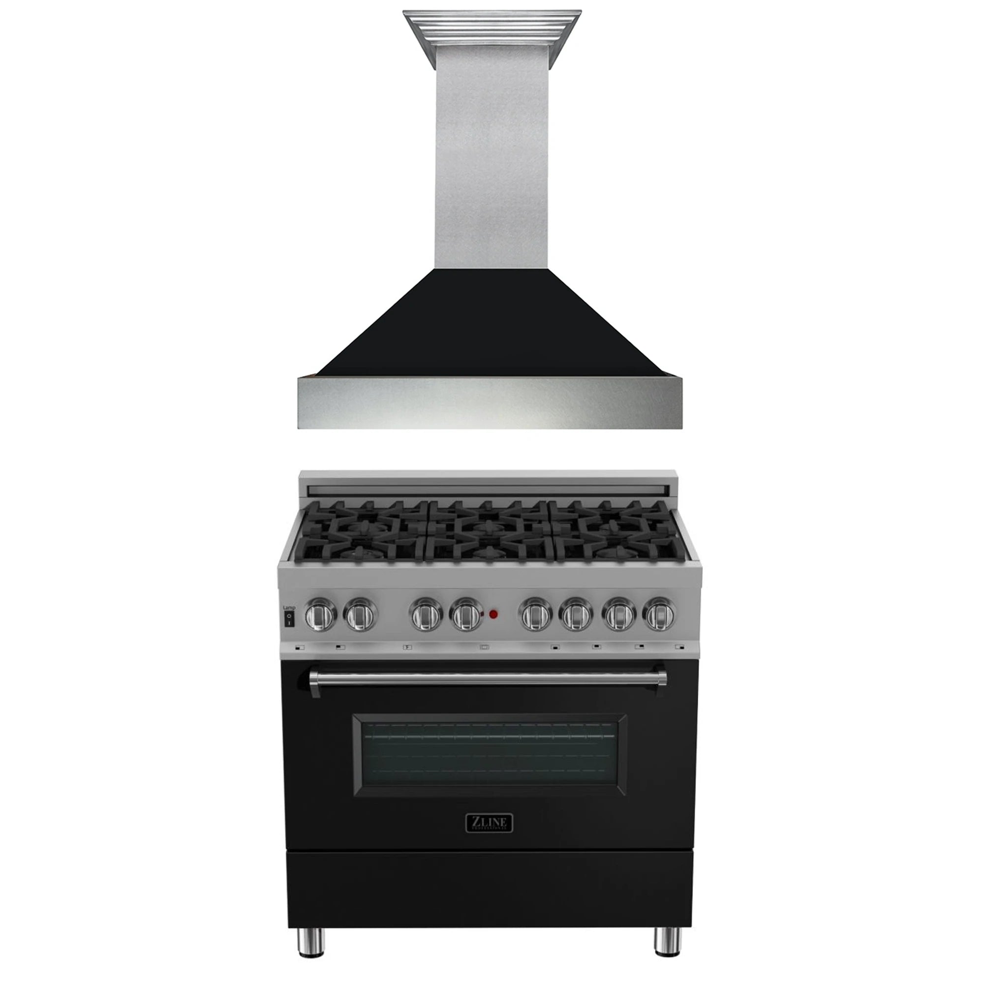 Satin stainless steel range hood and black dual fuel range with control knobs and grates
