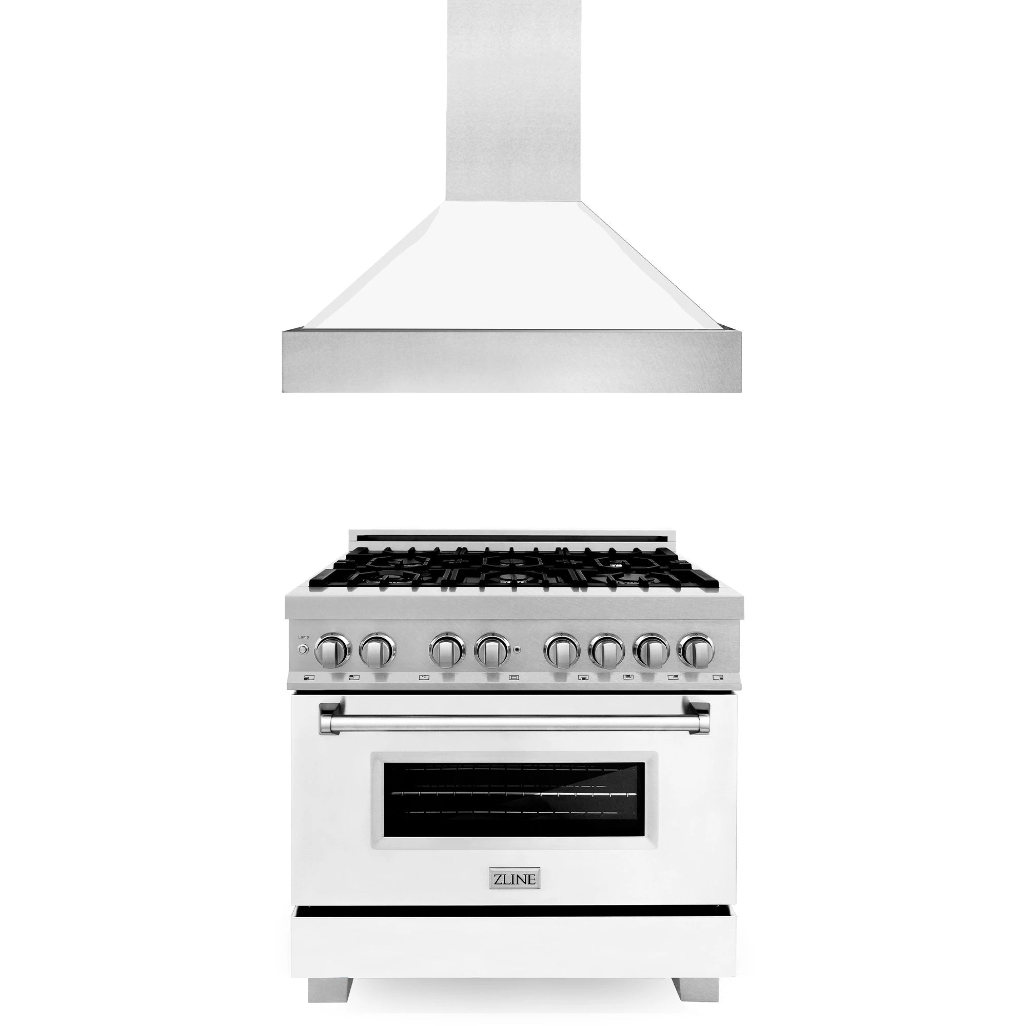 White dual-fuel range with satin stainless canopy hood and black oven window