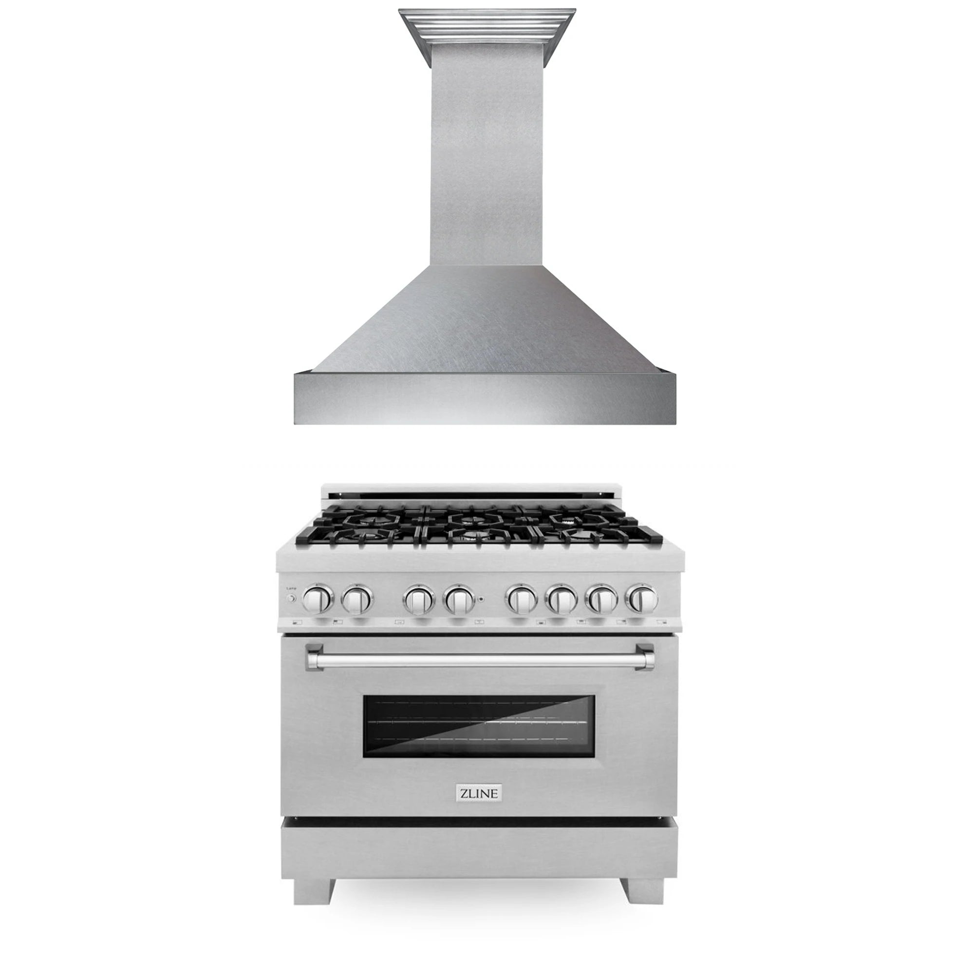 Satin stainless steel dual fuel range and wall mount range hood, 2-piece set.