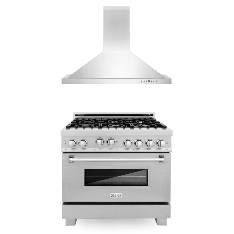 ZLINE 2-Piece Appliance Package - 36-inch Gas Range in Stainless Steel with DuraSnow Door & Convertible Wall Mount Hood (2KP-RGSNRH36) Appliance Package ZLINE 