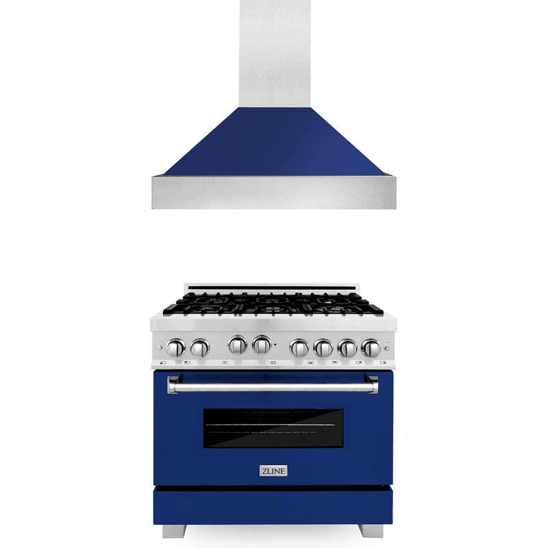 ZLINE 2-Piece Appliance Package - 36-inch Gas Range & Premium Range Hood in DuraSnow Stainless Steel With Blue Gloss (2KP-RGSBGRH36) Appliance Package ZLINE 