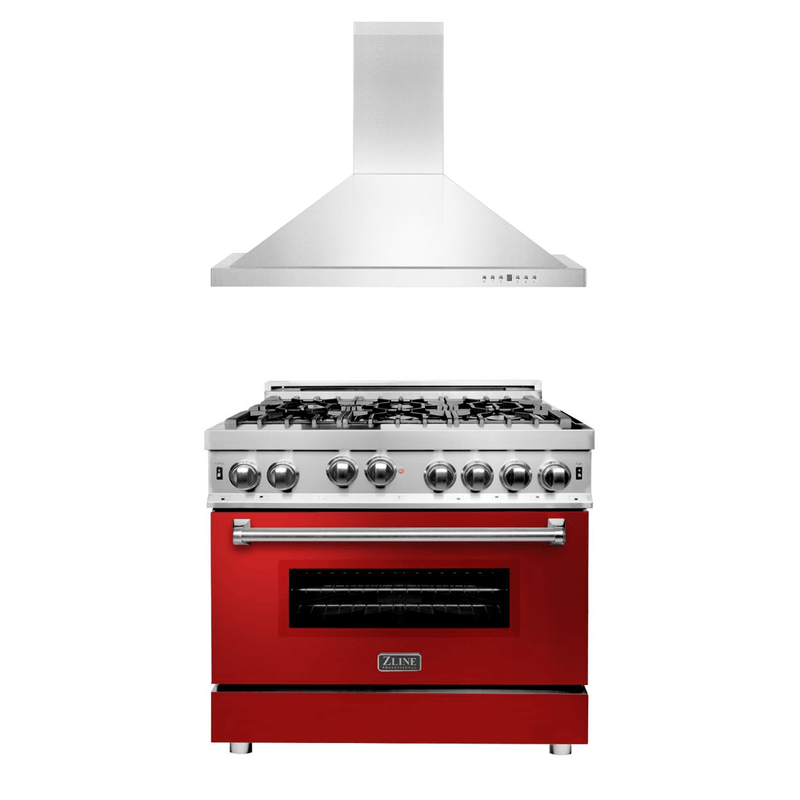 ZLINE 2-Piece Appliance Package - 36-inch Gas Range with Red Gloss Door and Convertible Vent Range Hood in Stainless Steel (2KP-RGRGRH36) Appliance Package ZLINE 