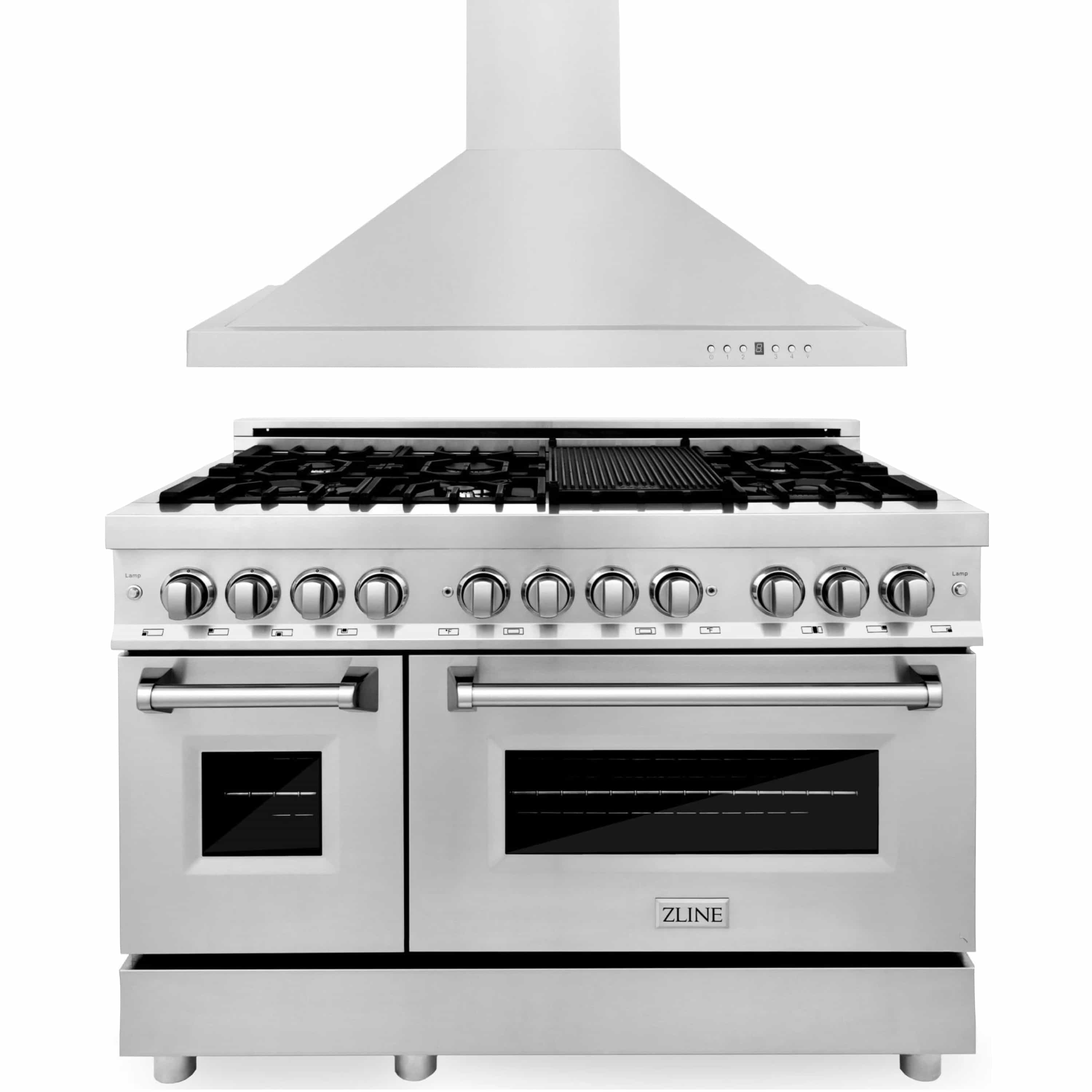 Stainless dual fuel range with chimney-style hood and row of control knobs
