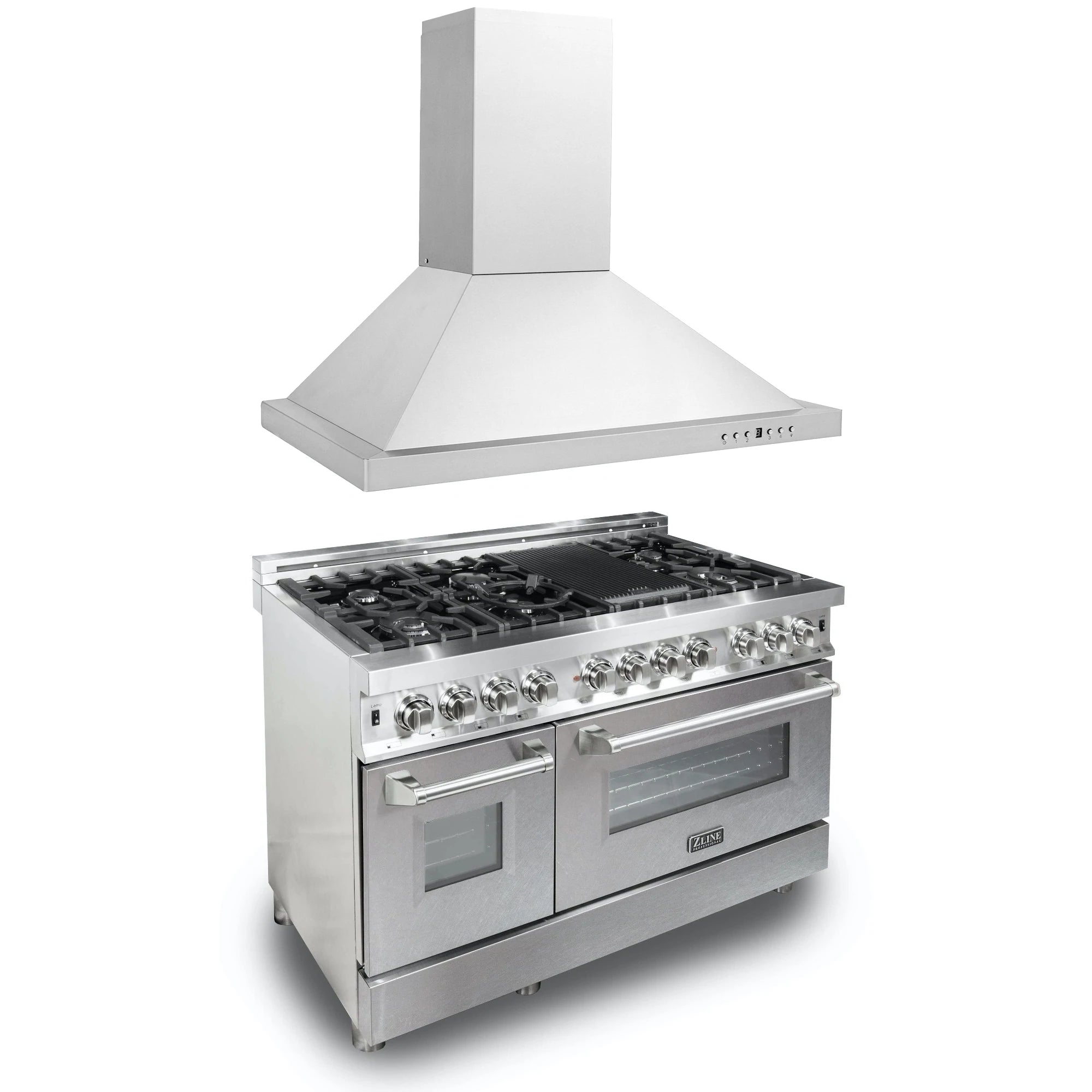 Stainless steel dual fuel range with front control knobs, oven doors, and back-mounted hood