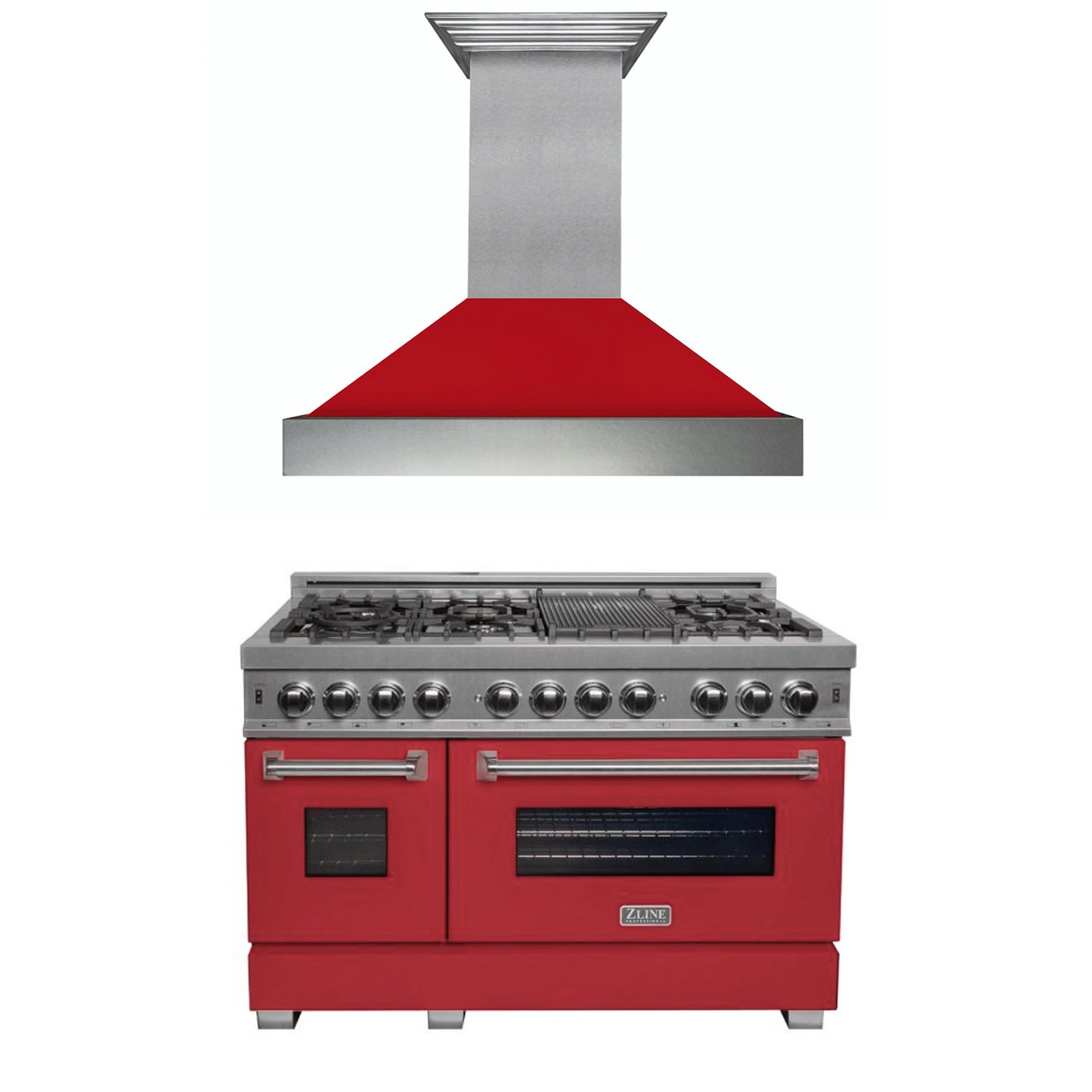 Red dual-fuel range with stainless hood, burners and front control knobs