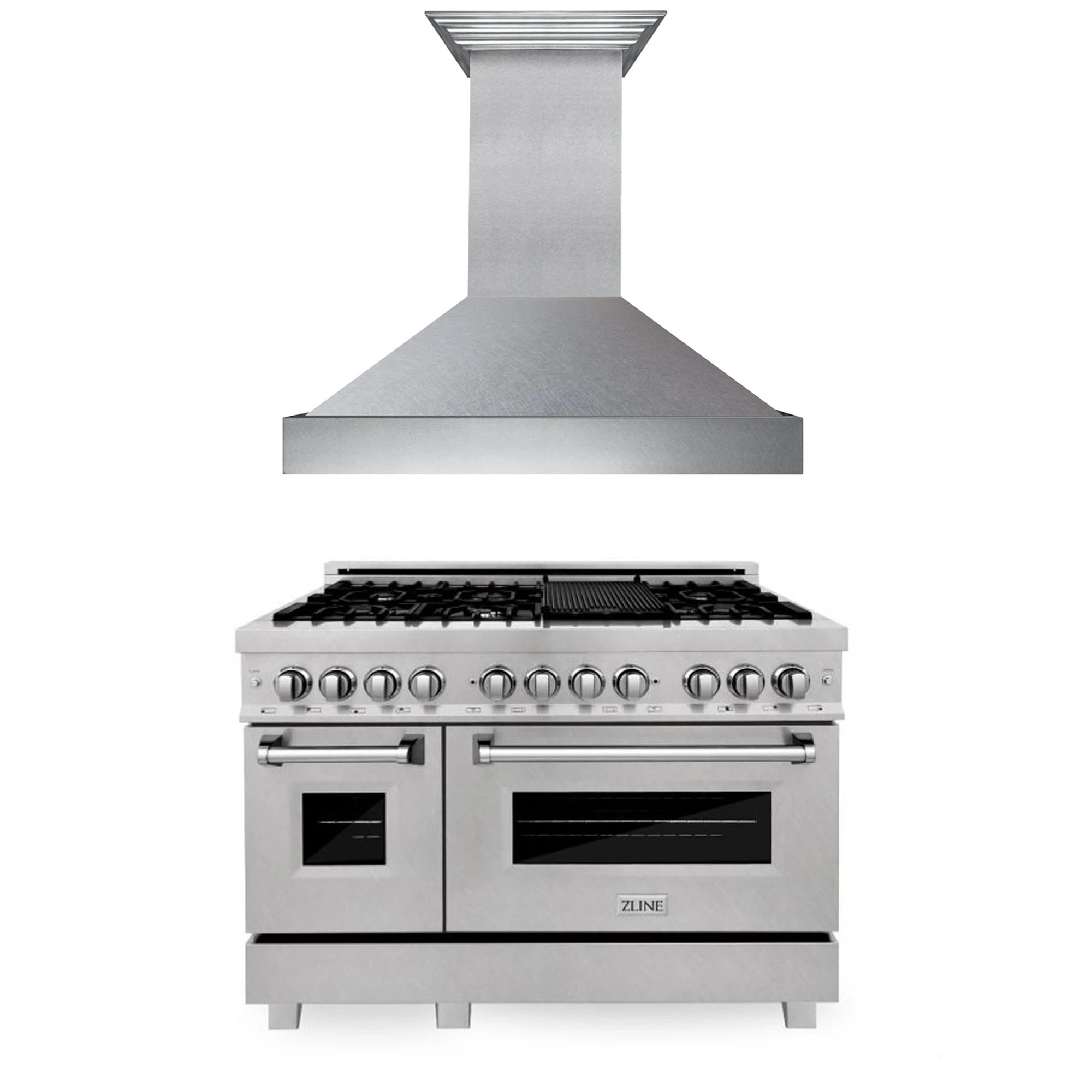 ZLINE dual fuel range with satin stainless hood, six-burner cooktop and two ovens