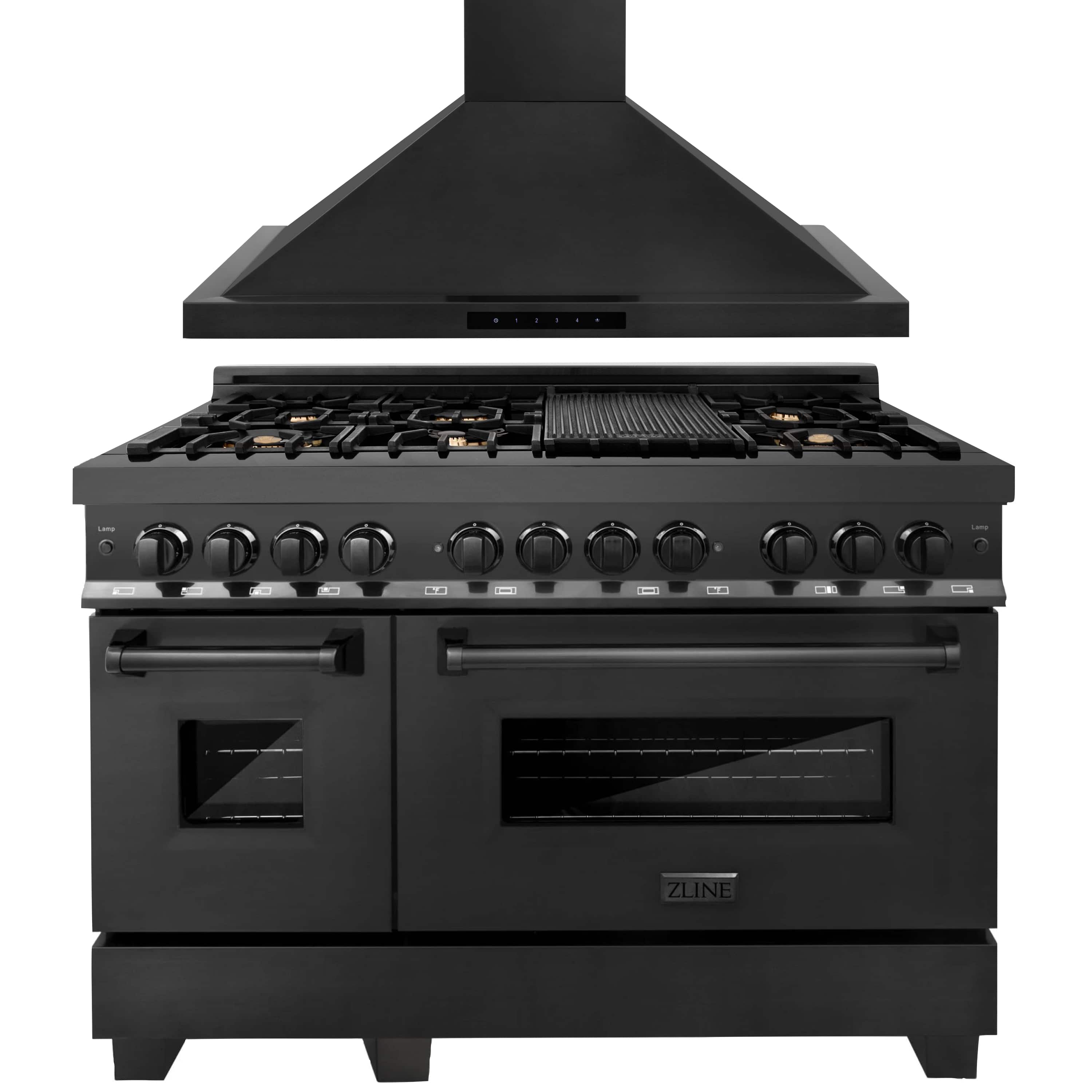 Black dual fuel range with brass burners, oven windows, and wall hood above