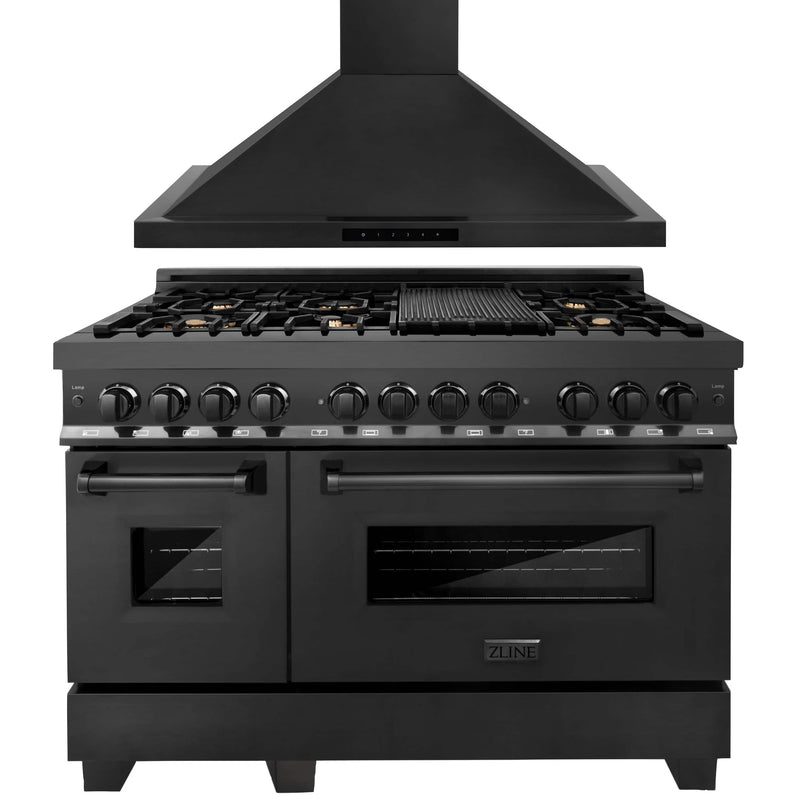 ZLINE 2-Piece Appliance Package - 48-inch Dual Fuel Range with Brass Burners & Convertible Wall Mount Hood Combo in Black Stainless Steel (2KP-RABRH48) Appliance Package ZLINE 