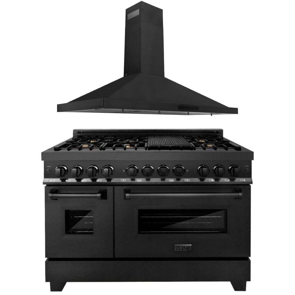 Black wall-mount range hood with telescoping chimney and curved canopy