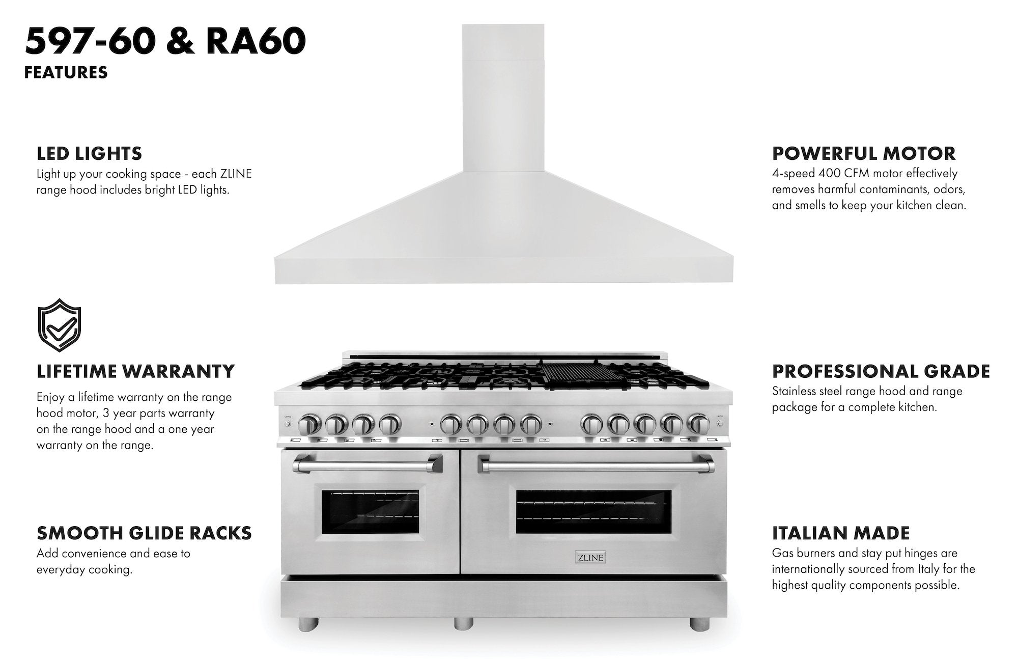 Stainless dual-fuel range with two ovens and control knobs beneath a chimney-style hood