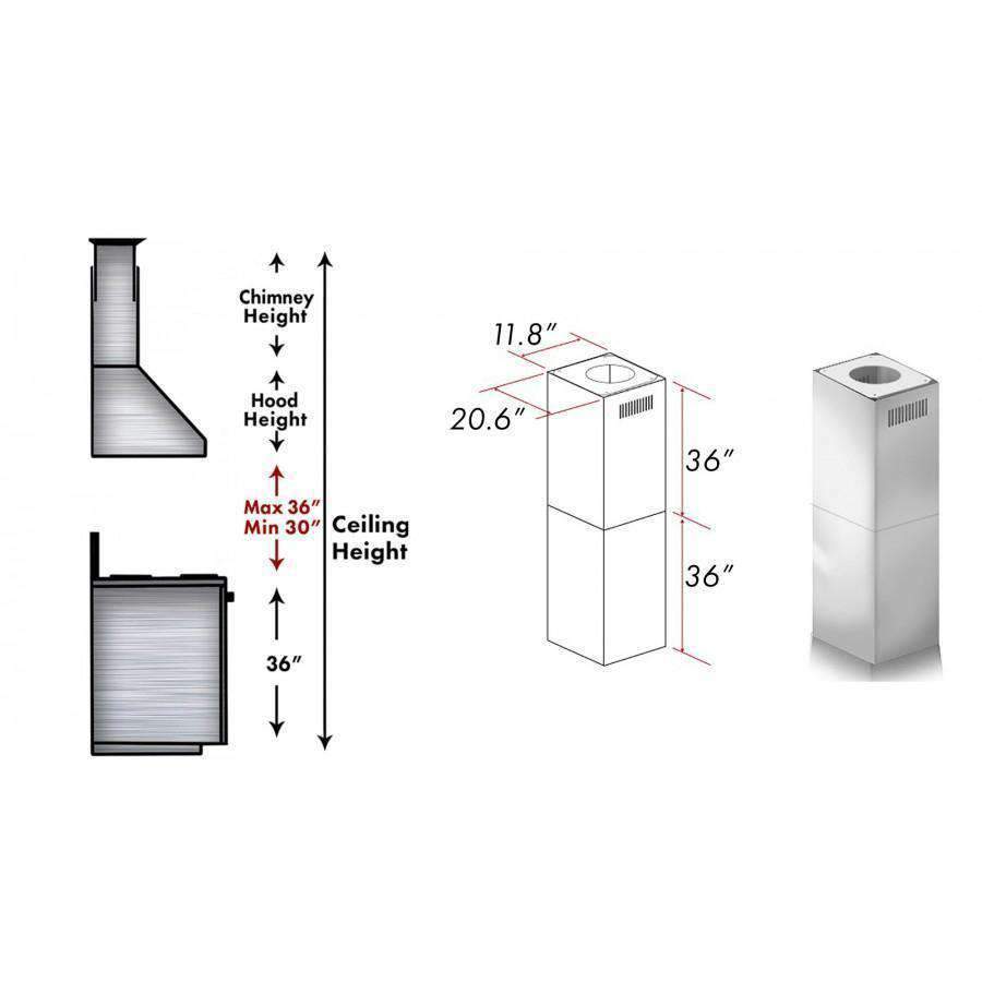 Stainless steel chimney extension with 36 in height shown in dimension diagram