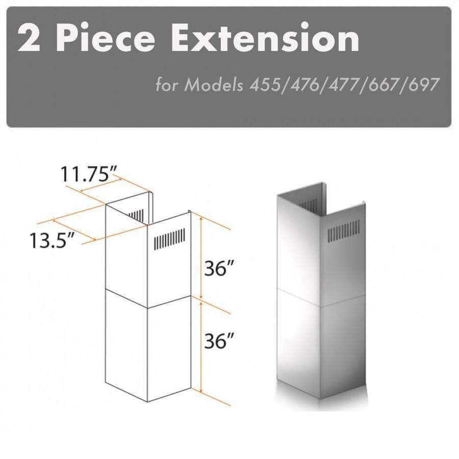 Stainless steel 2-piece chimney extension, 36 in height, for ceiling installation