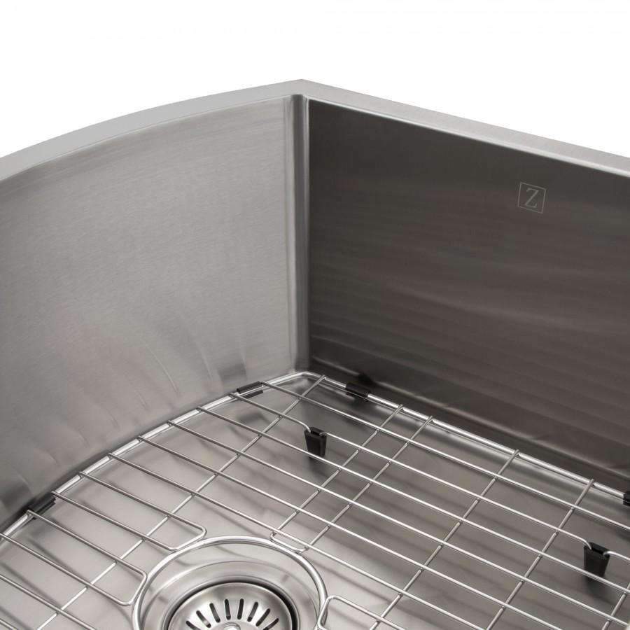 Stainless steel sink corner with wire rack fitted over the basin