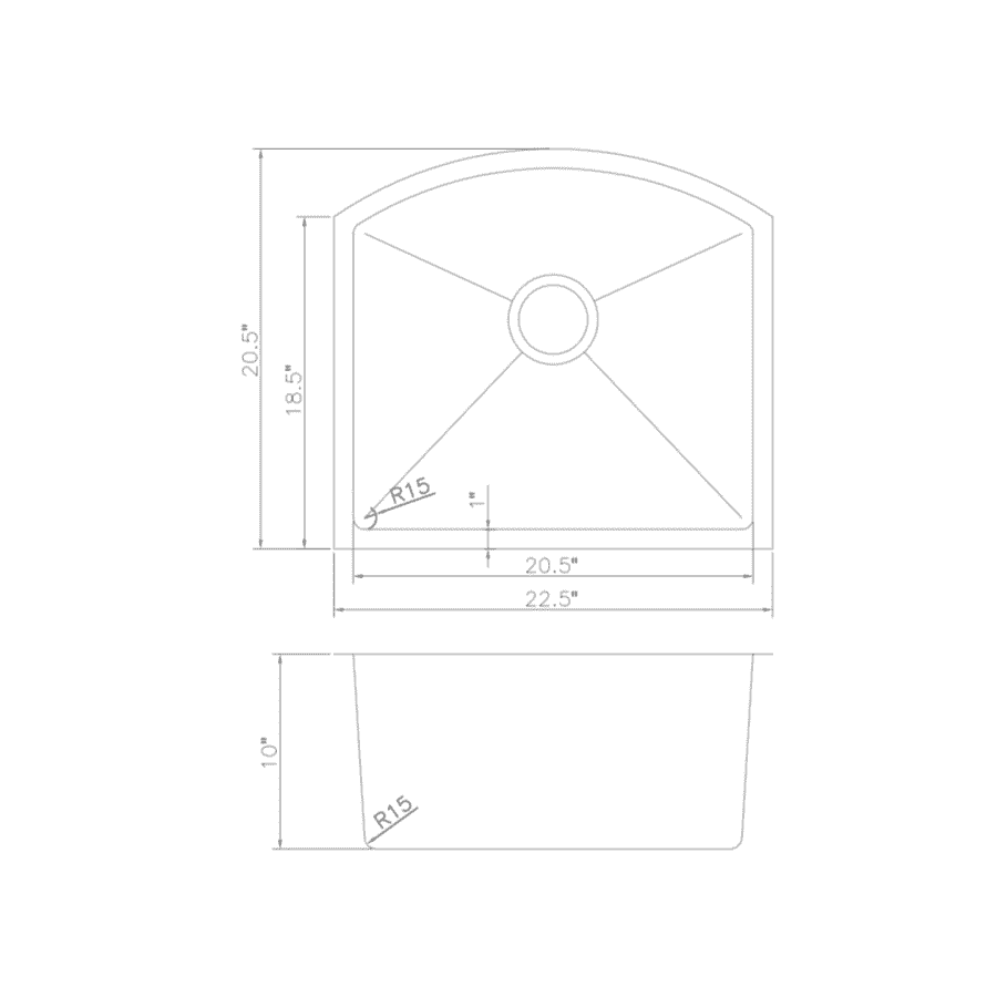 Stainless steel single-bowl sink cutout and mounting dimensions diagram