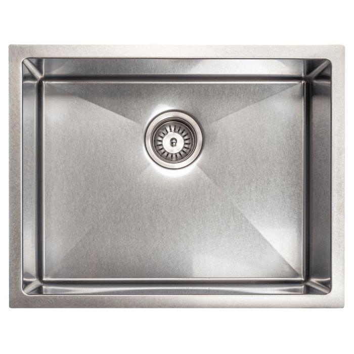 Single-bowl stainless steel undermount kitchen sink with circular drain.