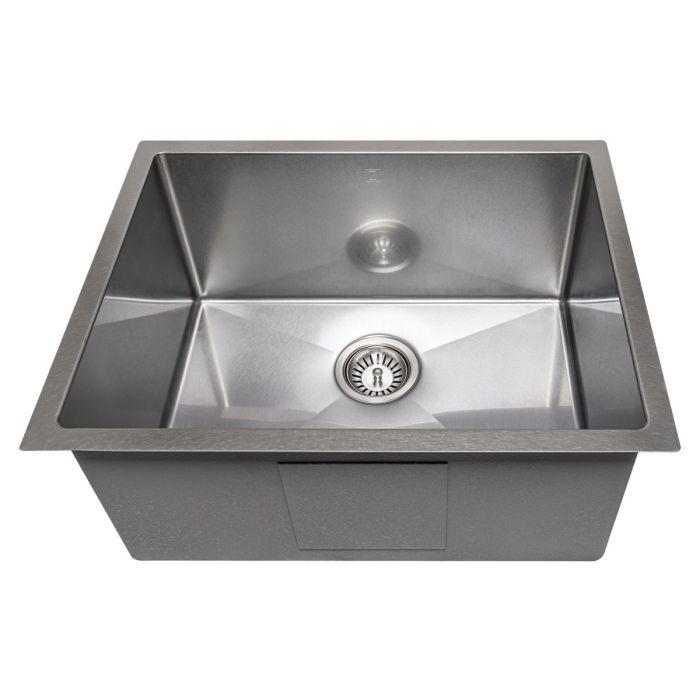 Stainless steel undermount single-bowl kitchen sink with round drain strainer