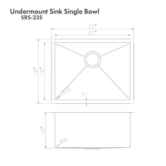Single-bowl stainless steel sink dimension diagram with drain center circle.