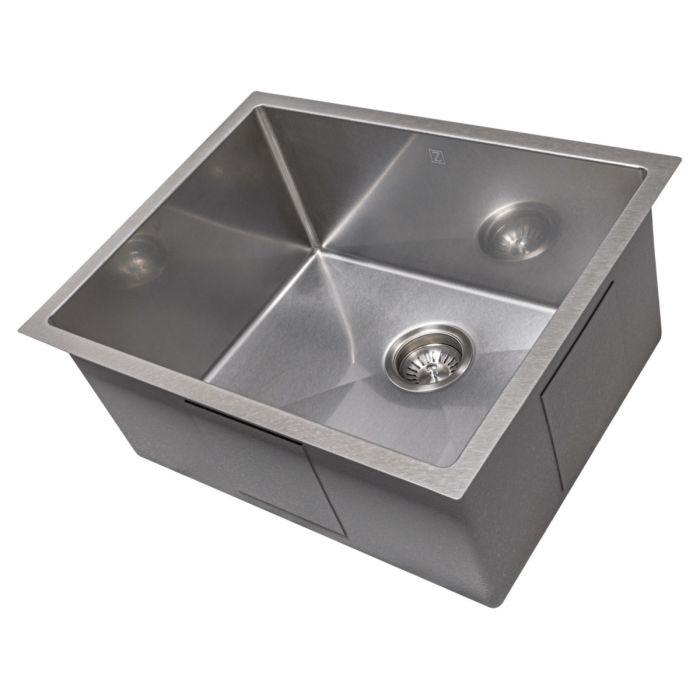 Single-bowl stainless steel kitchen sink with centered drain opening.