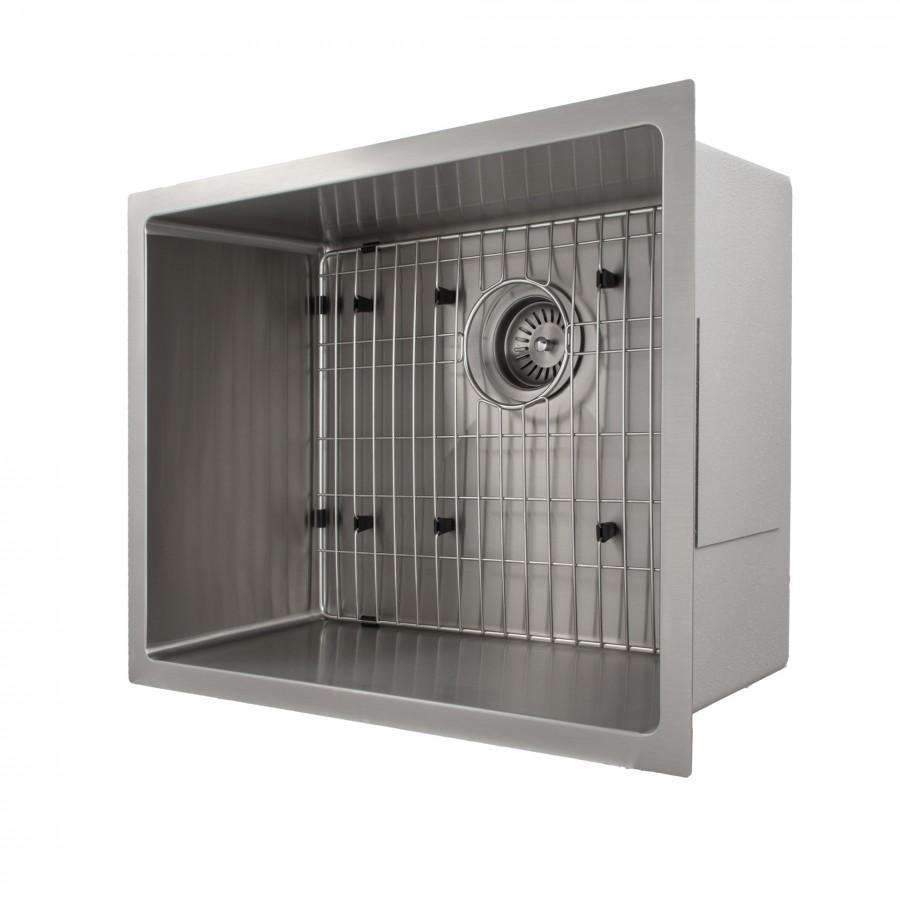 Stainless steel single-bowl kitchen sink with installed bottom grid and drain