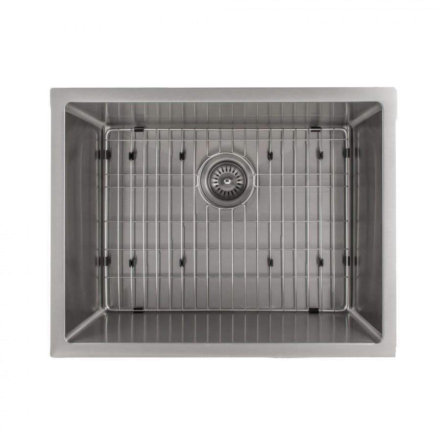 Single-bowl stainless steel kitchen sink with bottom grid and round drain