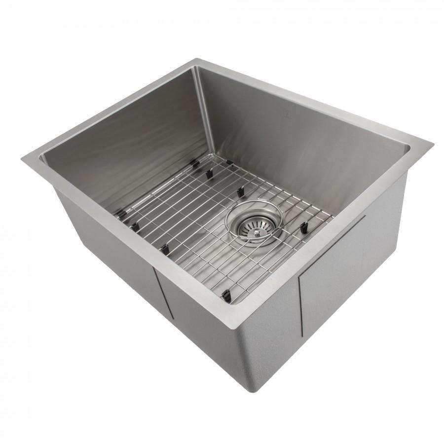 Single-bowl stainless steel sink with bottom grid, drain, and side brackets