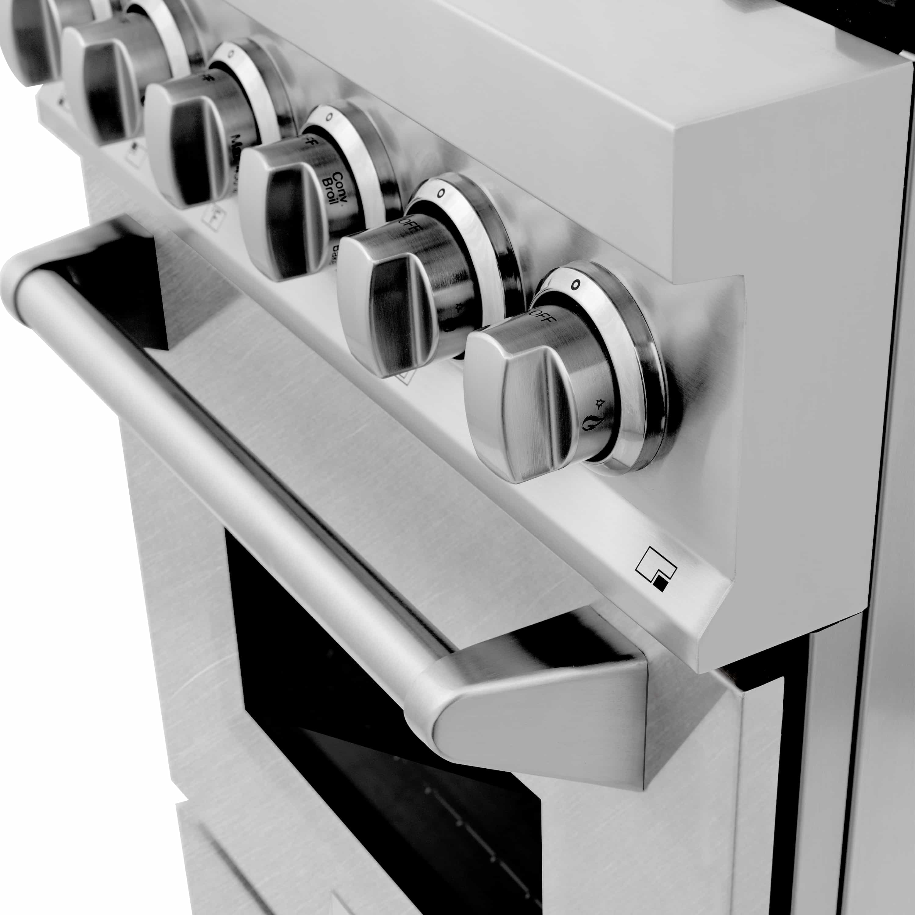 Stainless steel dual fuel range with control knobs and oven door handle