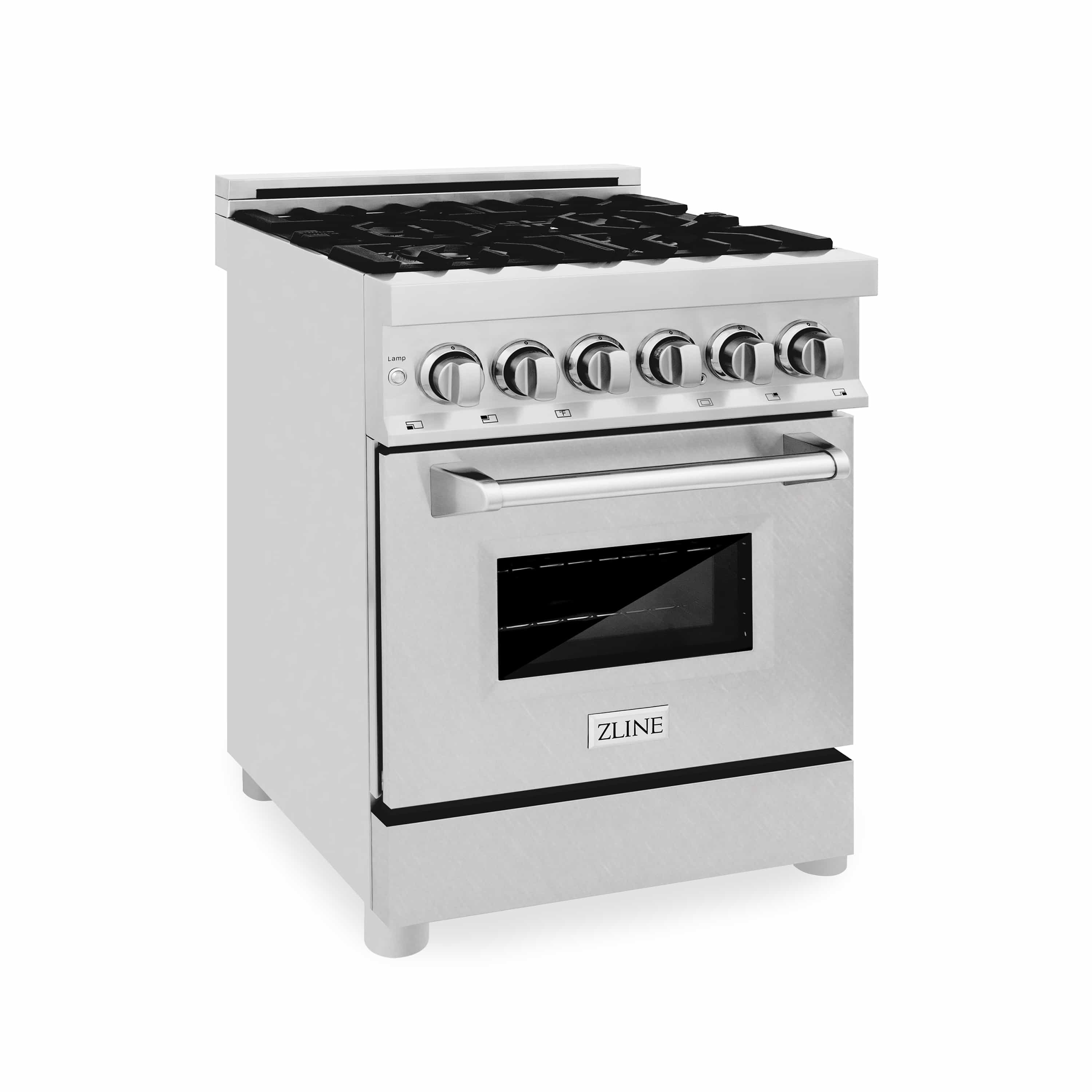 Stainless steel dual fuel range with ZLINE badge, burner grates, and oven window