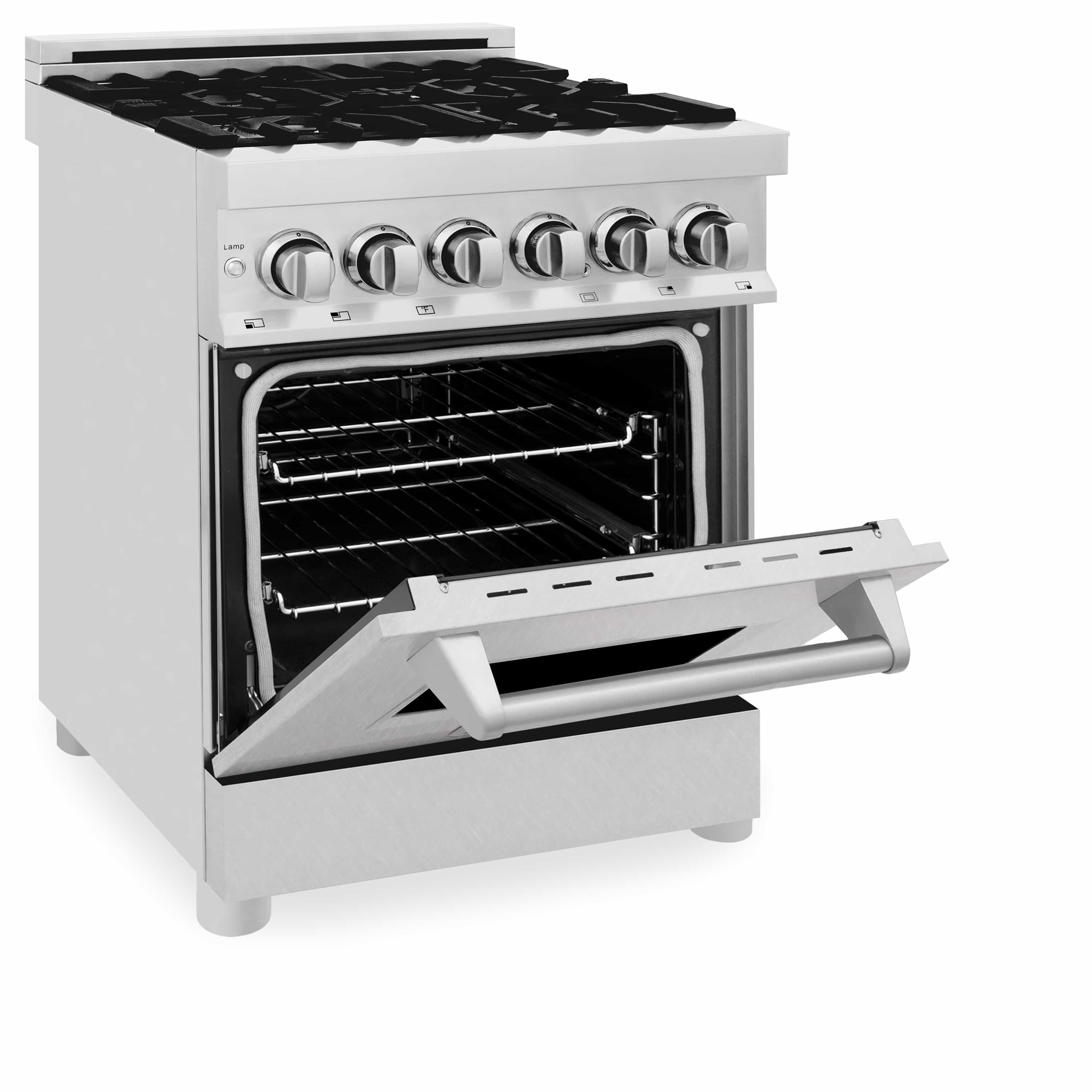 Stainless dual fuel range with oven door open and wire racks visible