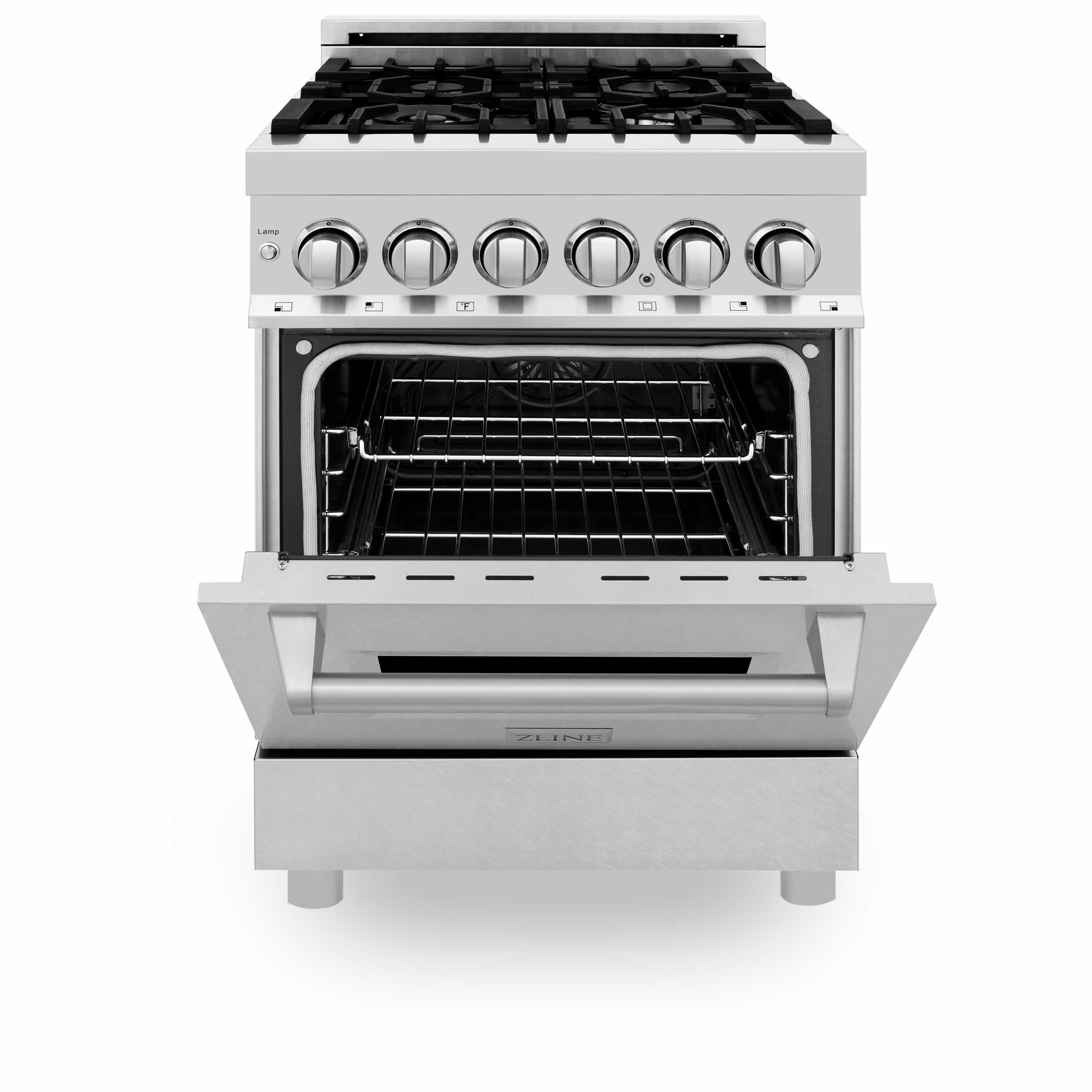 Stainless steel dual fuel range with oven door open and burner grates on top