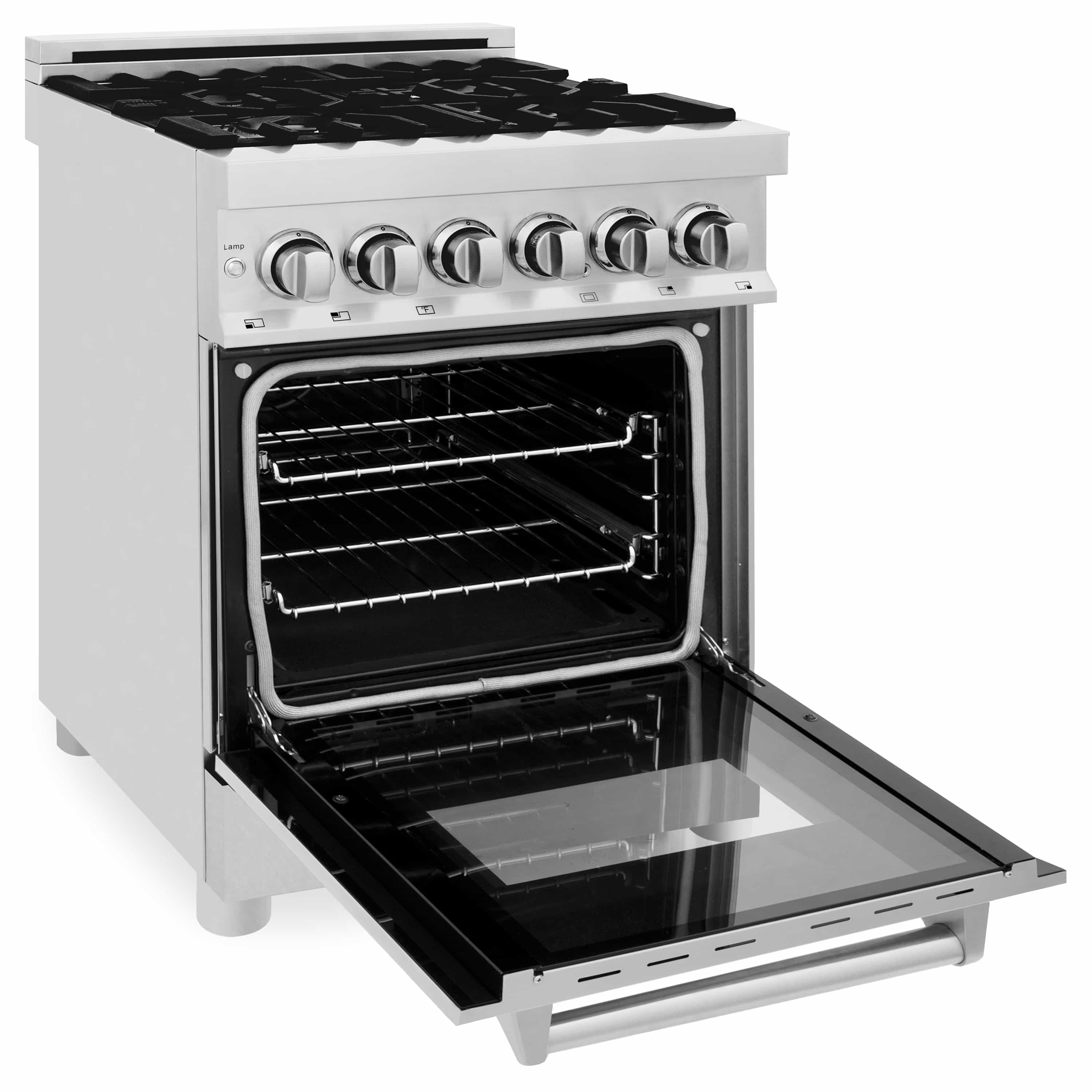 Stainless oven door open showing bake racks and dark oven interior