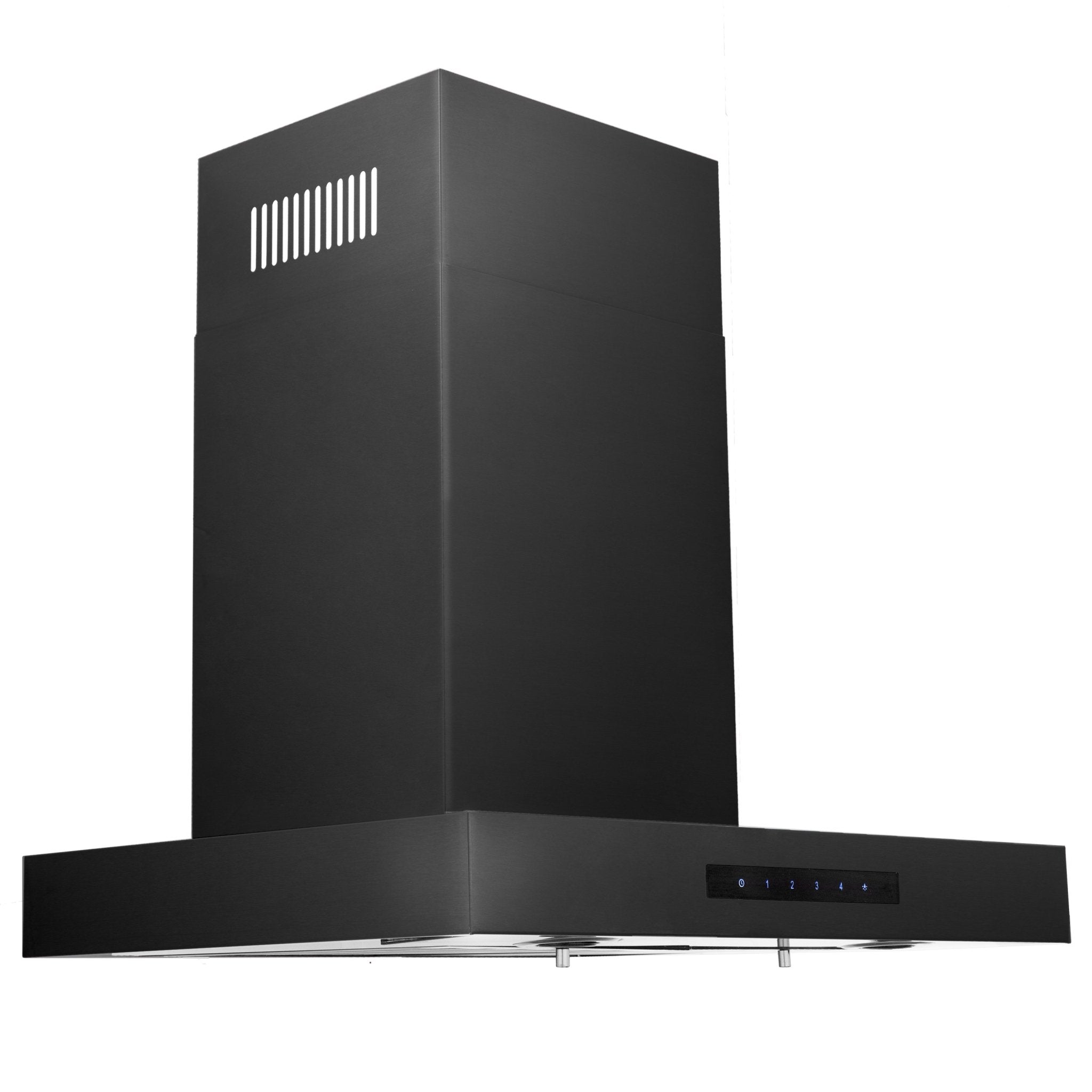Black stainless steel range hood with chimney and control strip on front edge