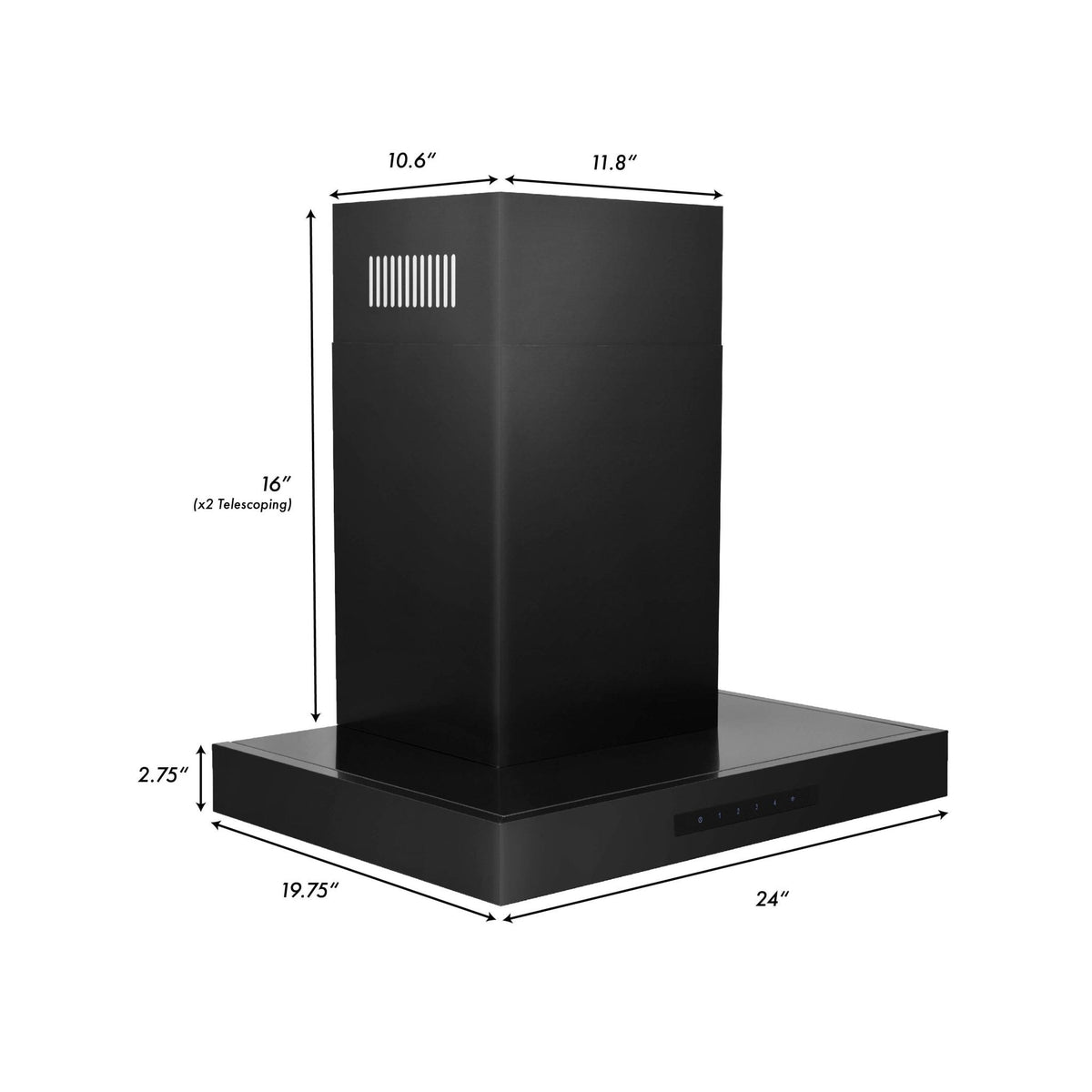 Black stainless steel convertible wall hood dimensions diagram on white background