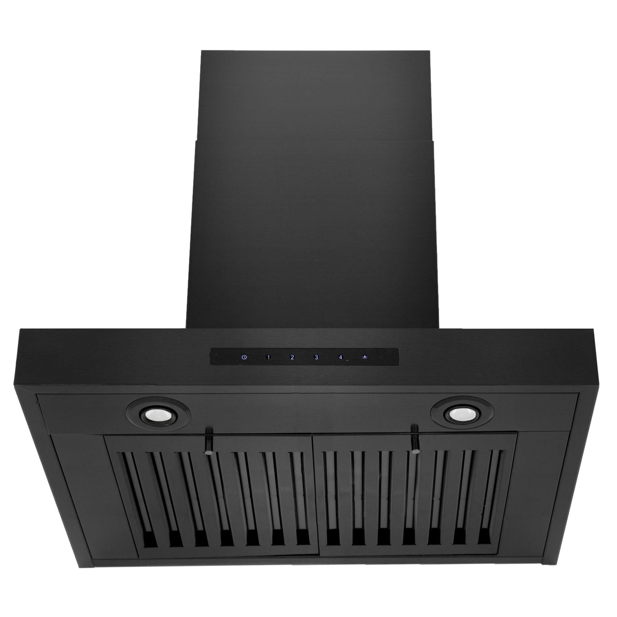 Black stainless steel range hood with vent grille and two circular fan openings