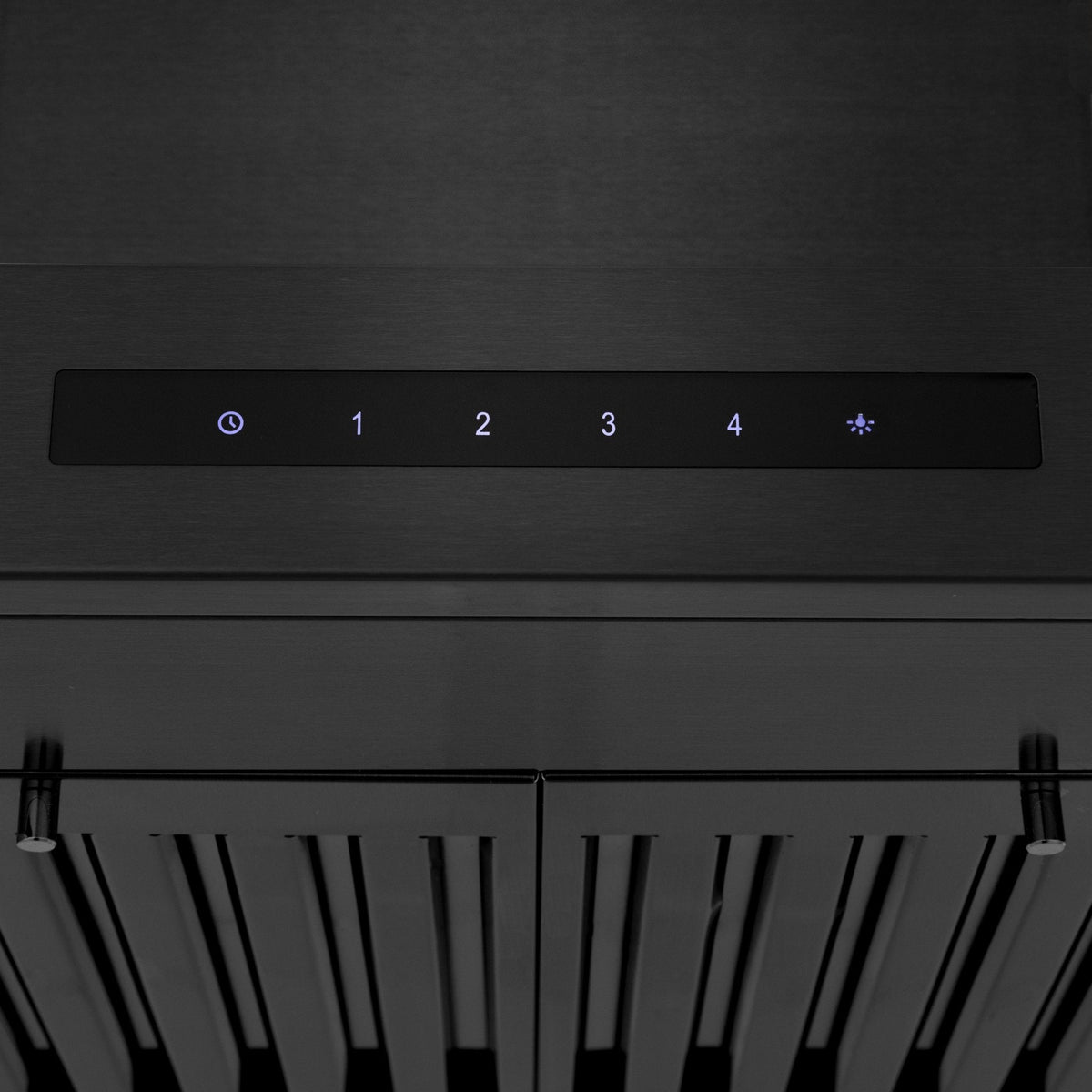 Black stainless steel range hood control panel with digital buttons and indicator lights