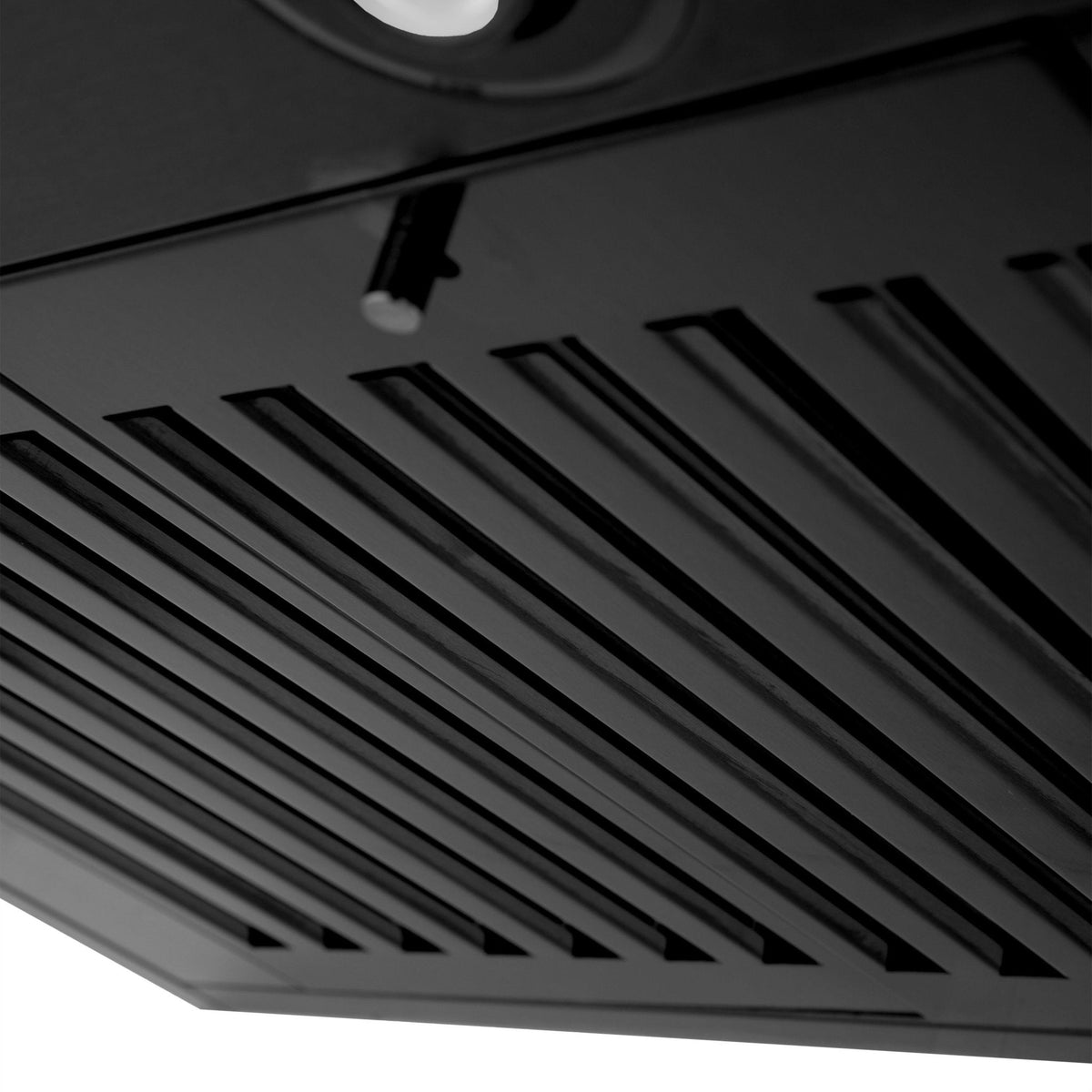 Close-up of black stainless steel vent grille with parallel slotted airflow bars