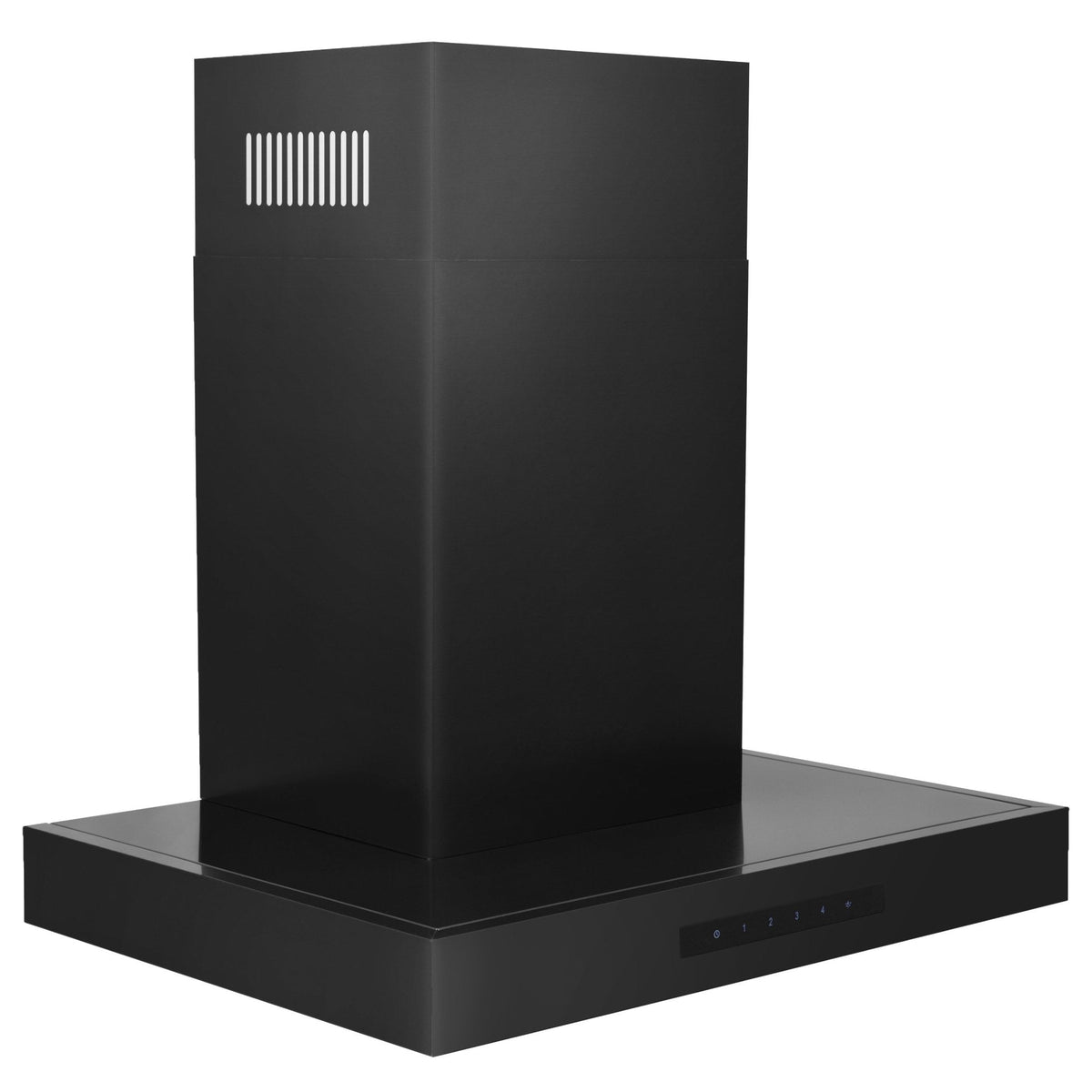Black stainless steel wall-mount range hood with tall chimney and side vent slits