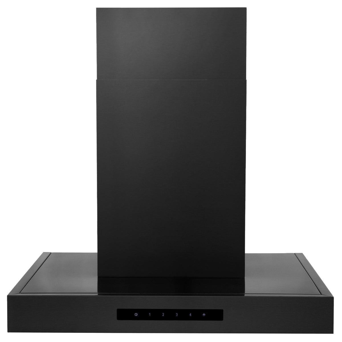 Black stainless steel wall-mount range hood with chimney and flat canopy base