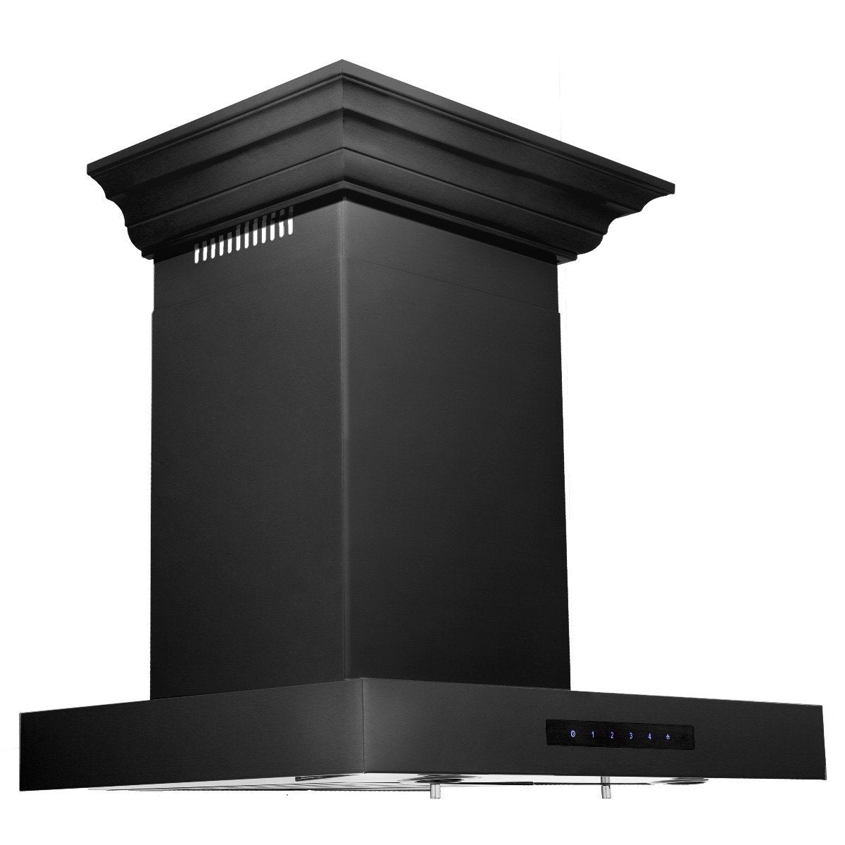 Black wall-mount range hood, crown-molding chimney with top vent grille